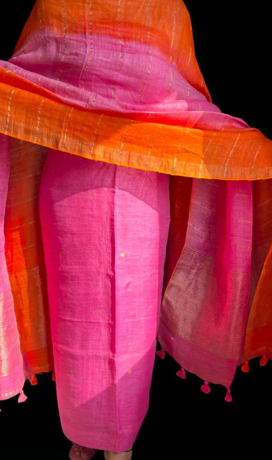 Fuchia Pink and Orange Dual toned Unstitched Pure Linen on Linen Jamdaani Daman 2 pc Suit Set