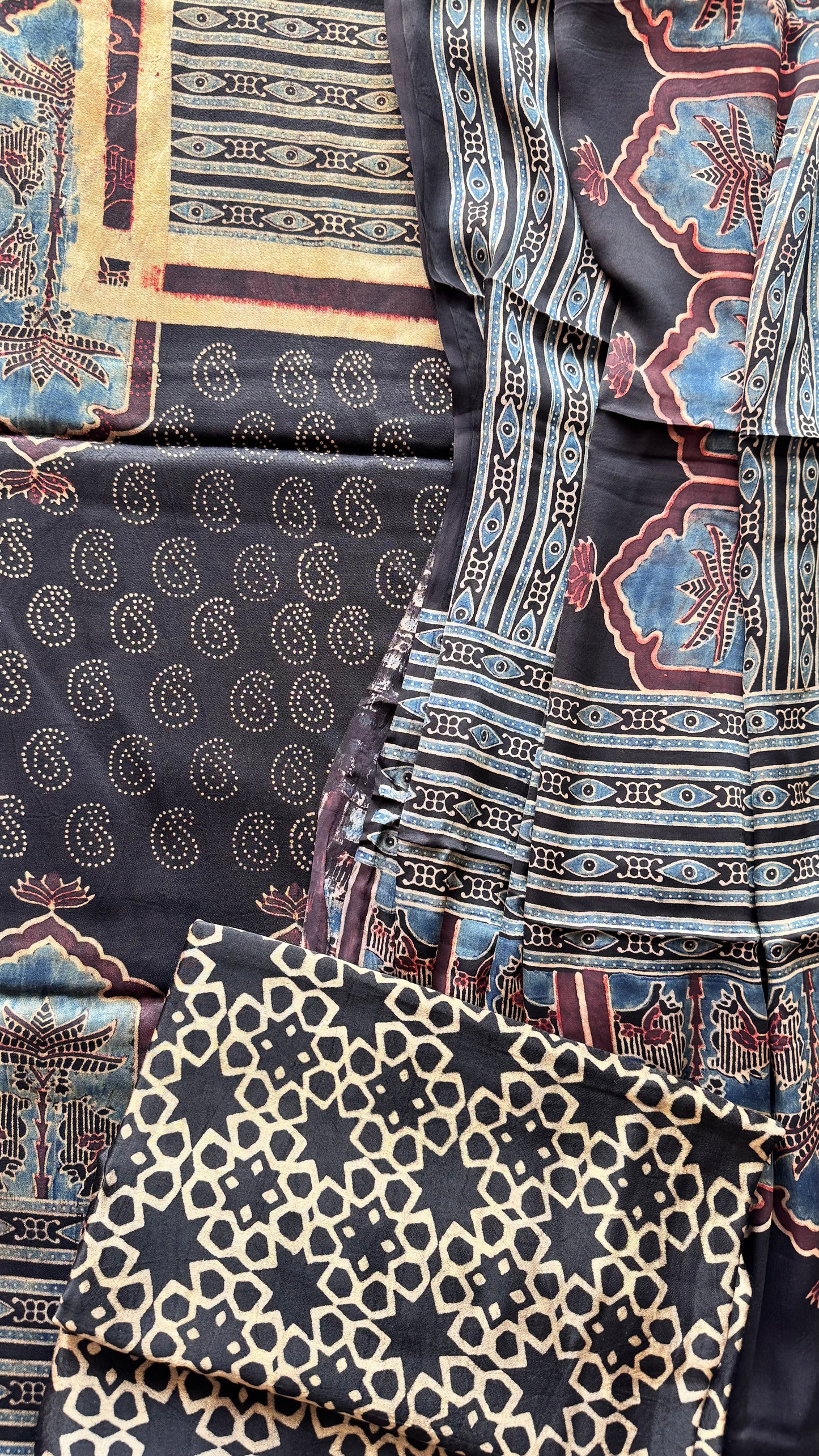Black Jharokha Motif Ajrakh Hand Block Print Mashru Silk 3 pc Suit Material with Modal Silk Dupatta