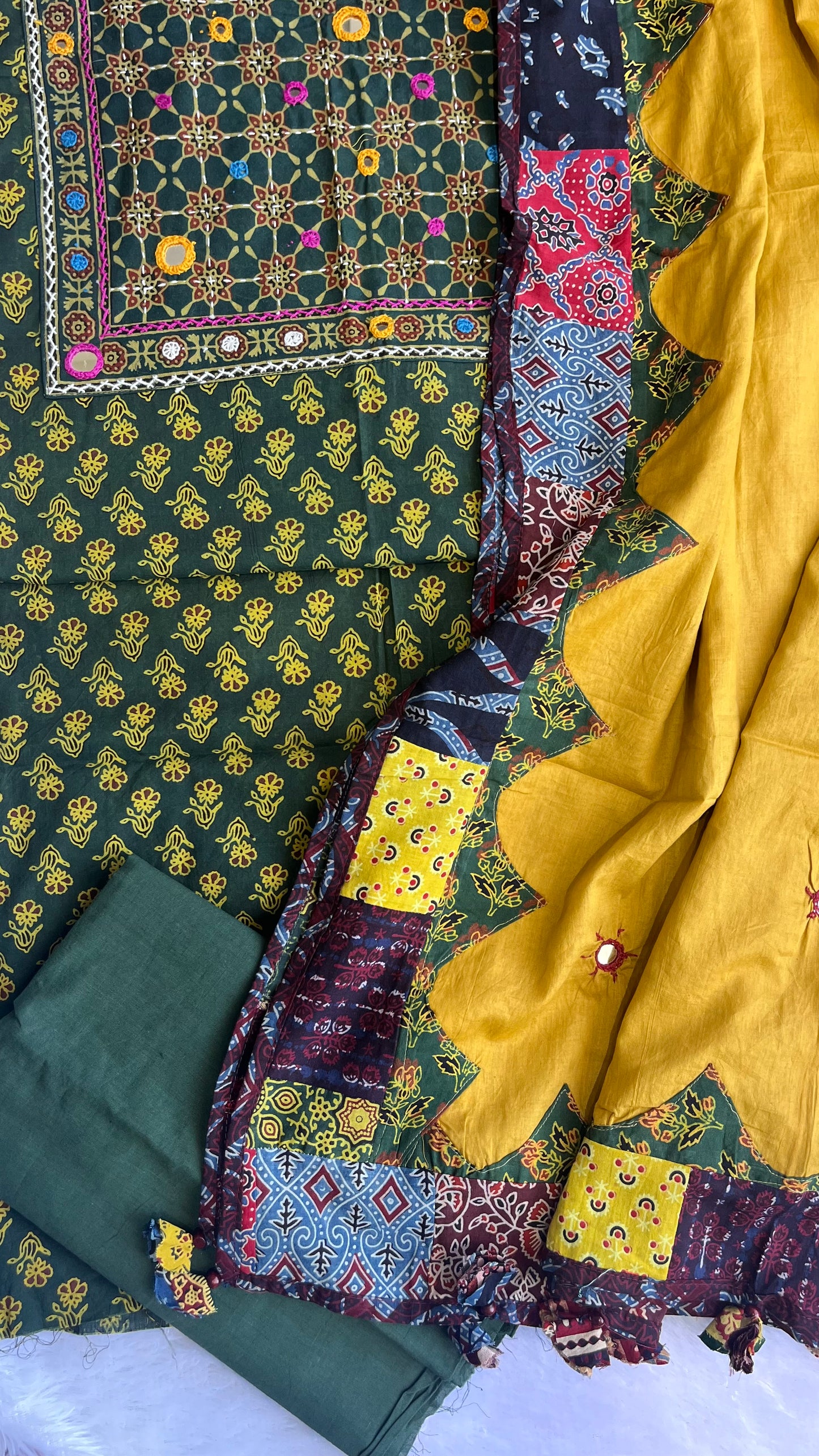 Green and Yellow Ajrakh Suit Set with Kutch embroidery and Multicolour Ajrakh Applique Cotton Dupatta