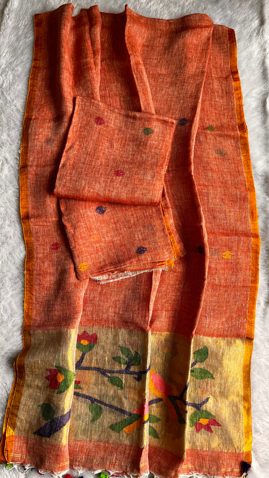 Peach me Please Paithani Unstitched Pure Linen on Linen Hand Woven Daman 2 pc Suit Set