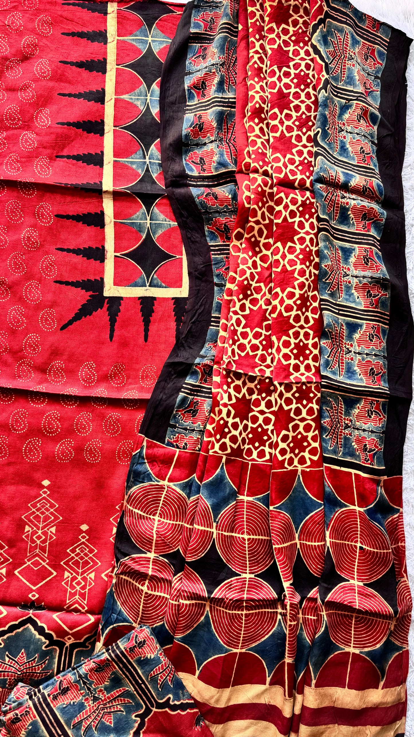 Ravishing Red Jharokha Motif Ajrakh Hand Block Print Mashru Silk 3 pc Suit Material with Modal Silk Dupatta