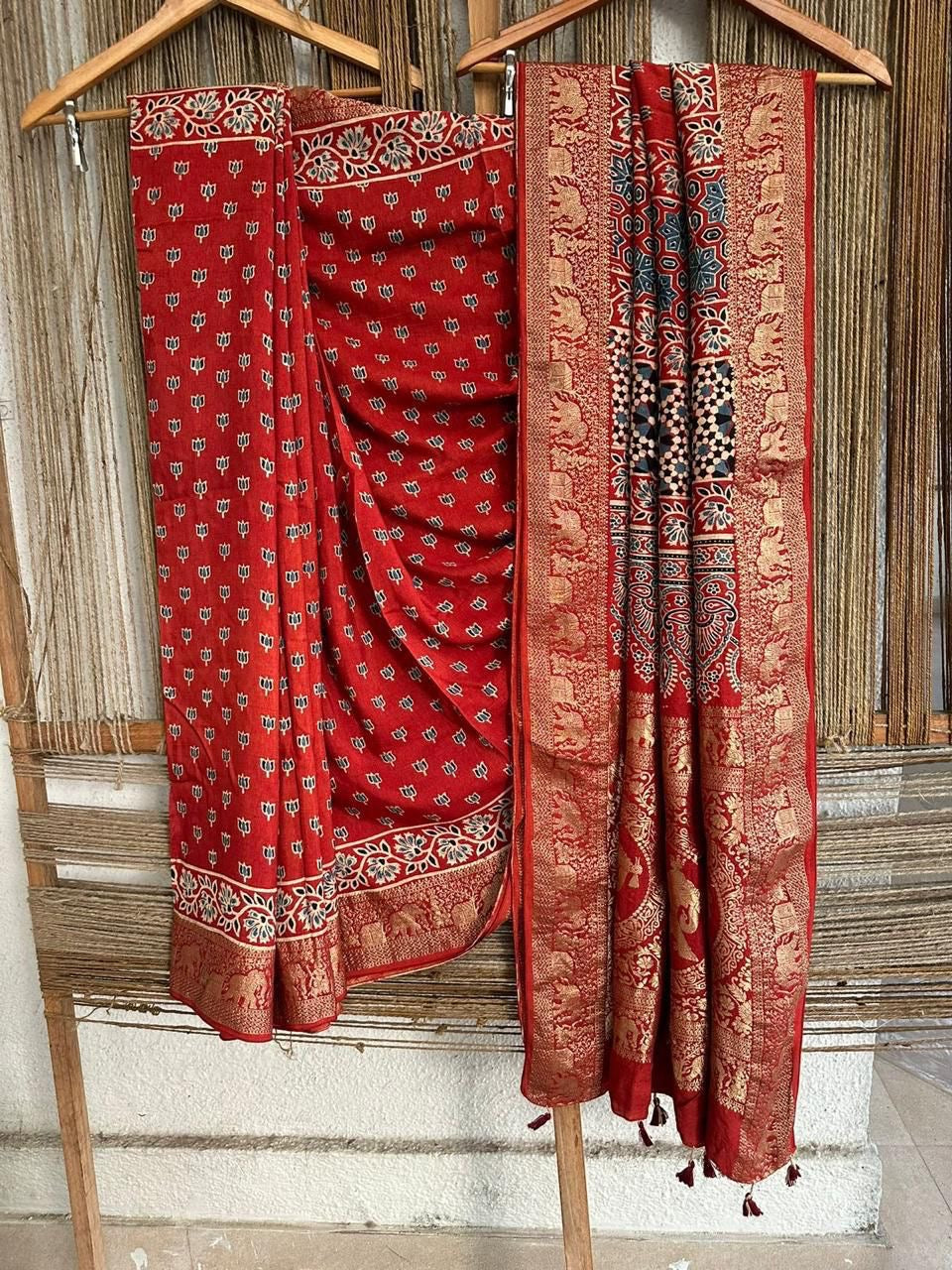 Brick Red Kamal Buti Motif Ajrakh Hand Block Dola Silk with Nakkashi Zari Pallu Saree With Blouse