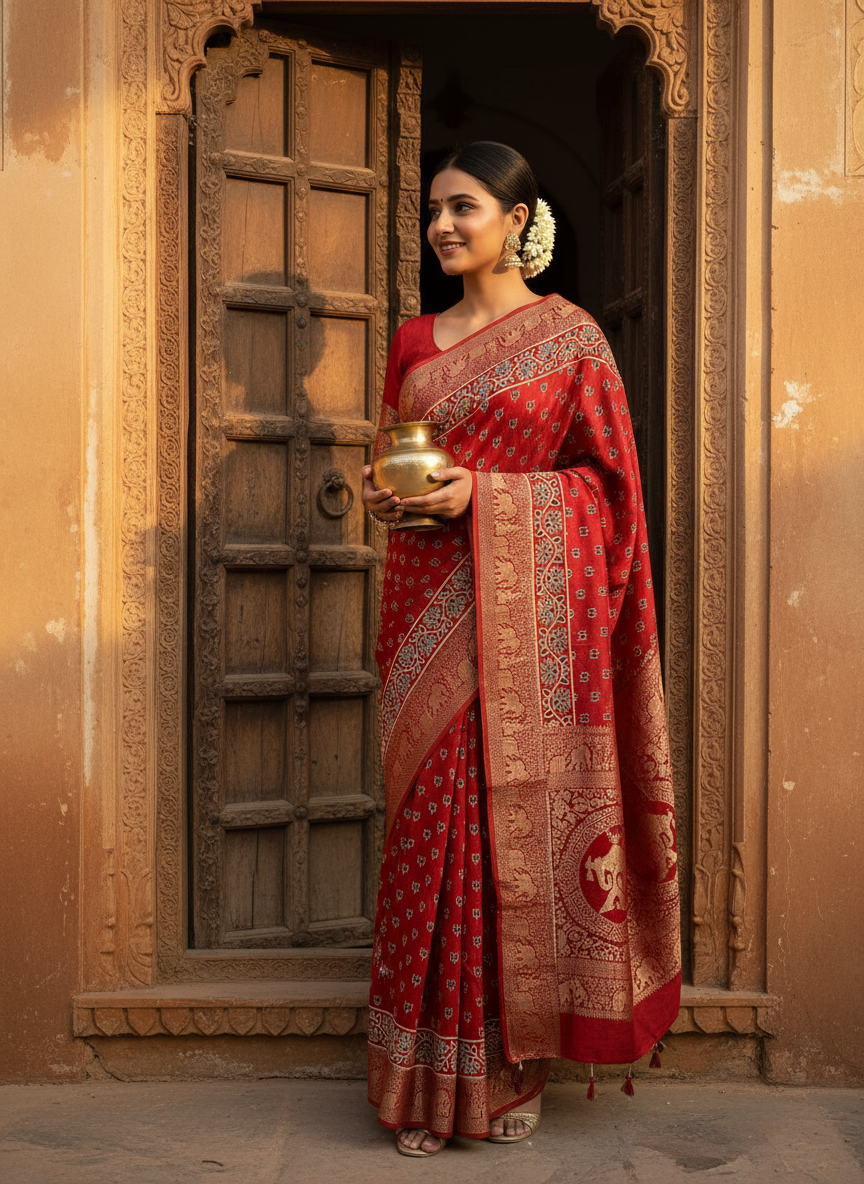 Brick Red Kamal Buti Motif Ajrakh Hand Block Dola Silk with Nakkashi Zari Pallu Saree With Blouse