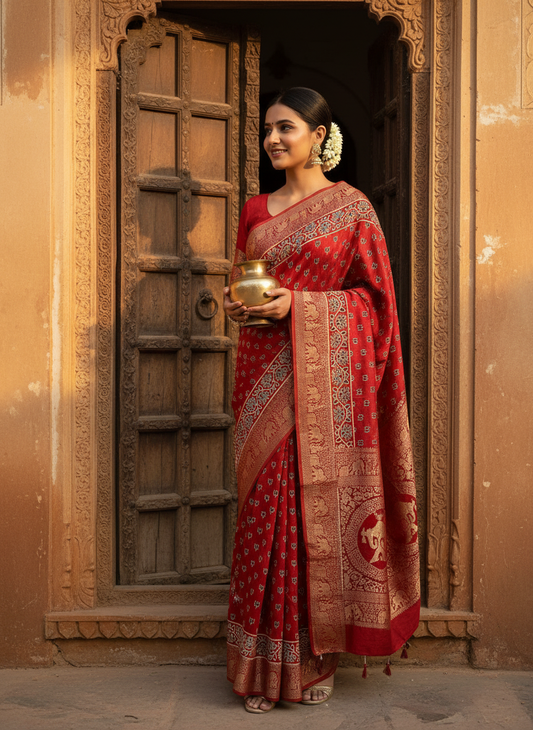 Brick Red Kamal Buti Motif Ajrakh Hand Block Dola Silk with Nakkashi Zari Pallu Saree With Blouse