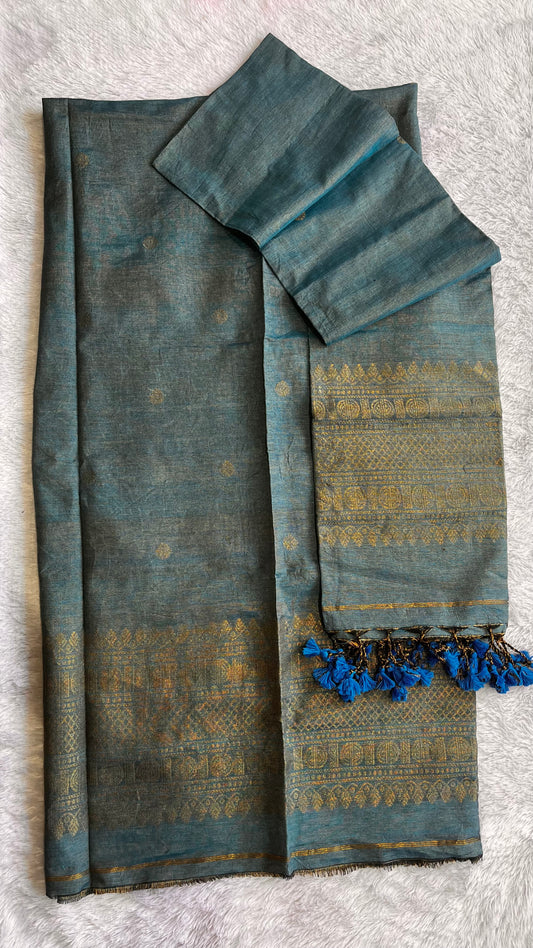 Teal Blue Unstitched Pure Linen with Tissue Woven daman 2 pc Suit Set
