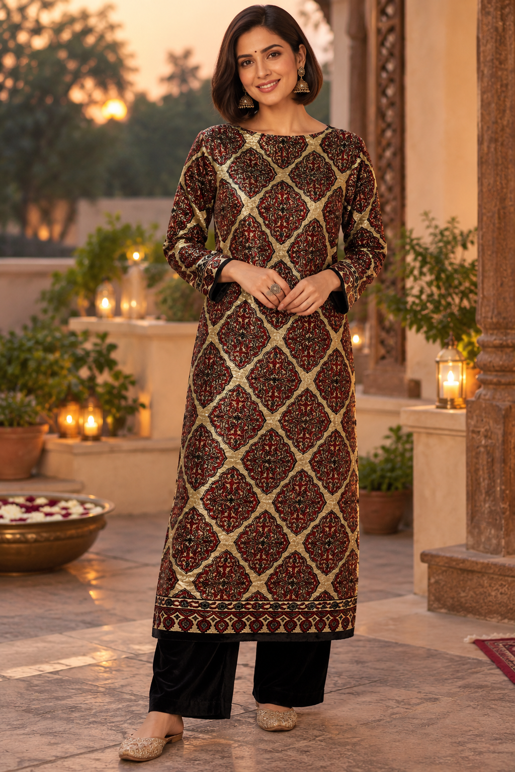 Red Beige Diamond Polka Dot Ajrakh Hand Block Velvet Unstitched Fabric (Kurta Only)