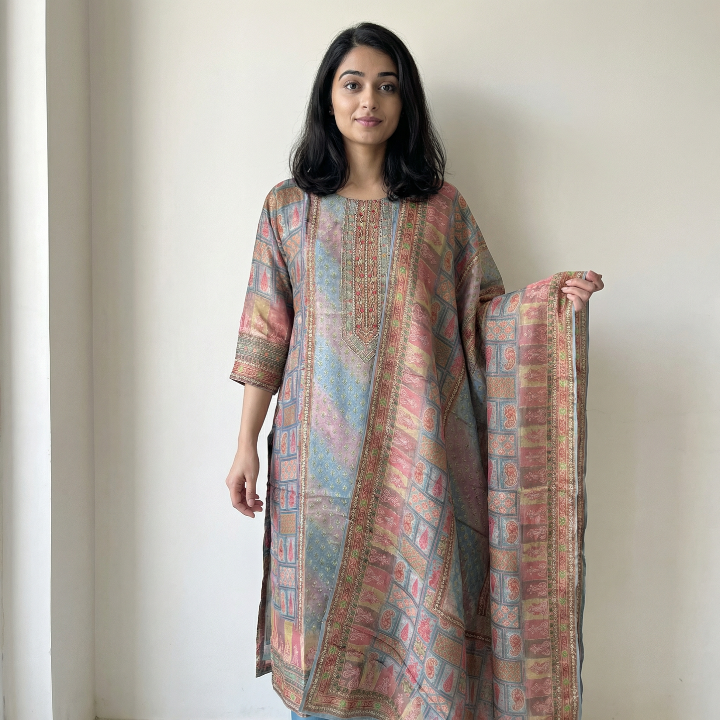 Multi Toned Floral Motif Pure Tissue Shimmer Suit Set with Shimmer Dupatta