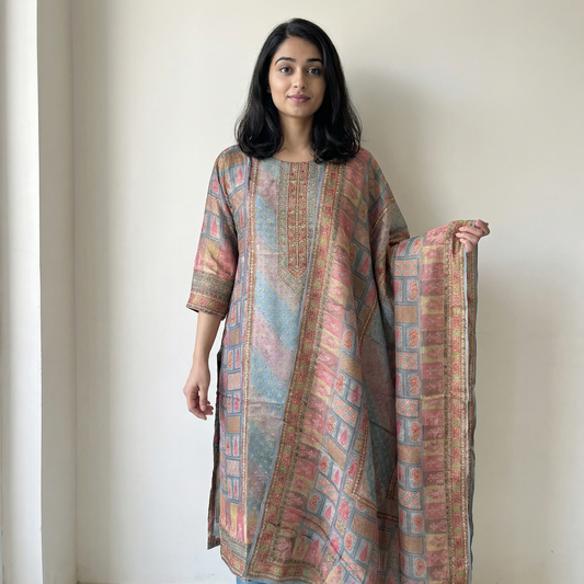 Multi Toned Floral Motif Pure Tissue Shimmer Suit Set with Shimmer Dupatta