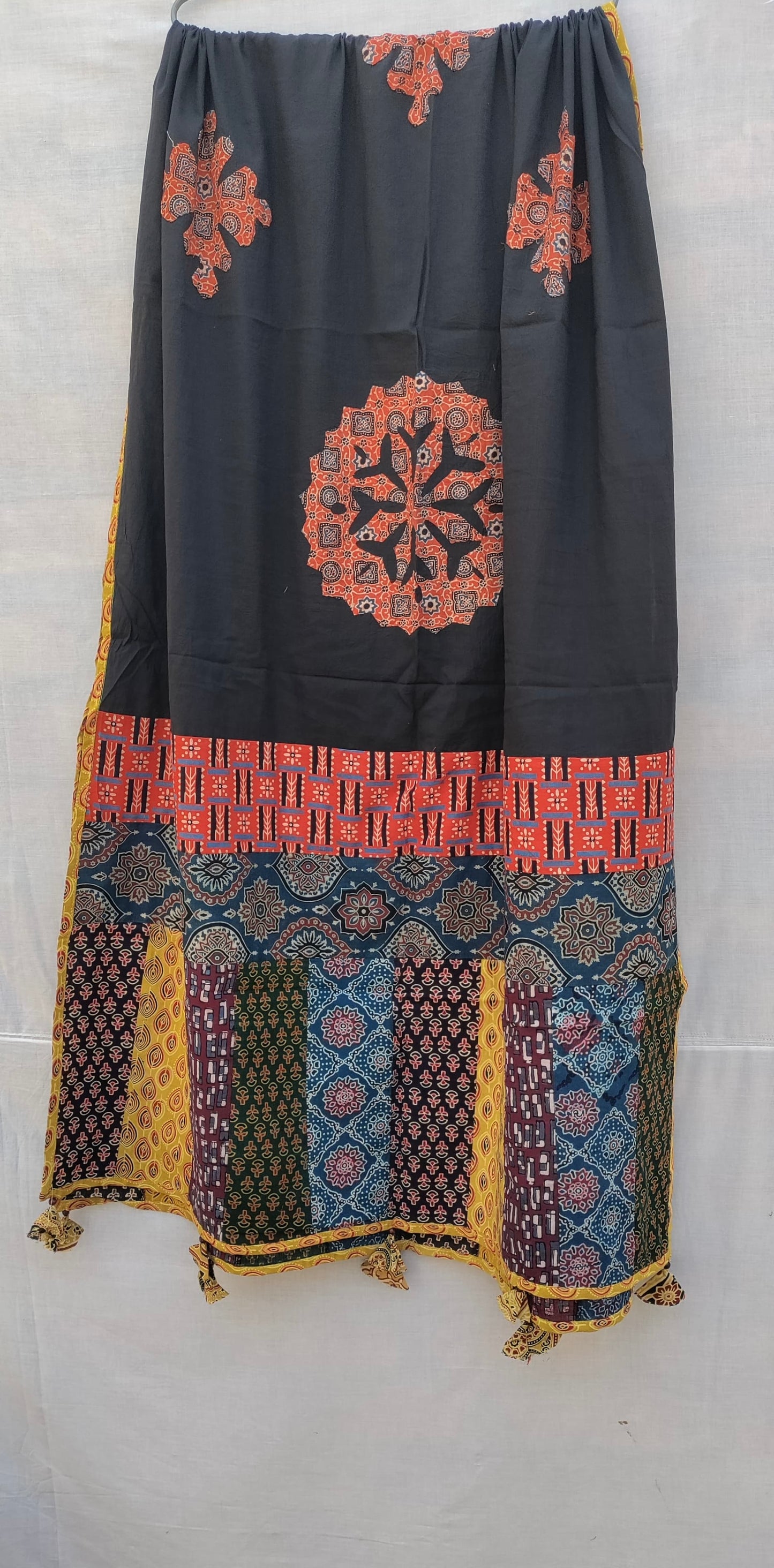 Black Ajrakh Applique Patchwork Cotton Dupatta