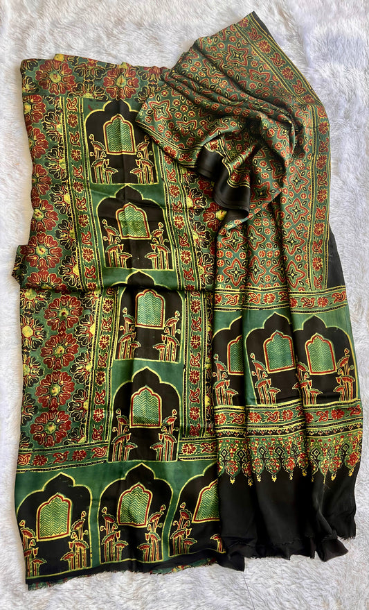 Green and Black Jharokha Motif Modal Silk 2pc Suit Material Set