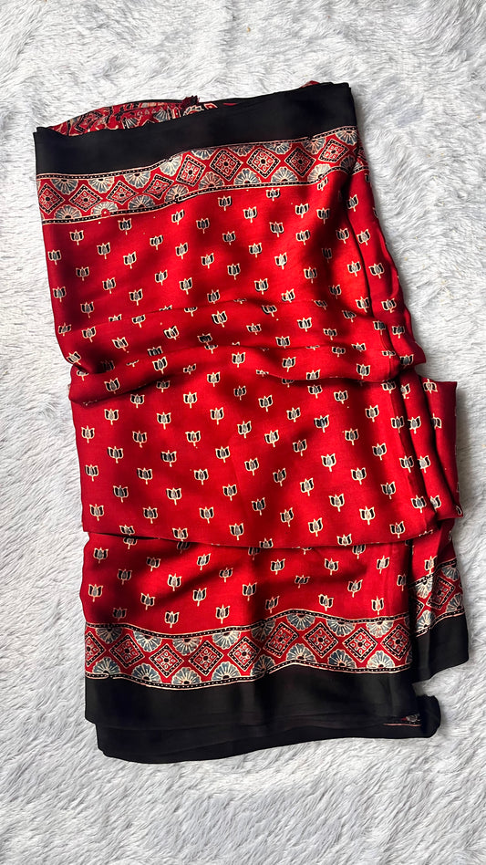 Red Small Booti Ajrakh Hand Block Natural Dye Modal Silk Saree With Blouse