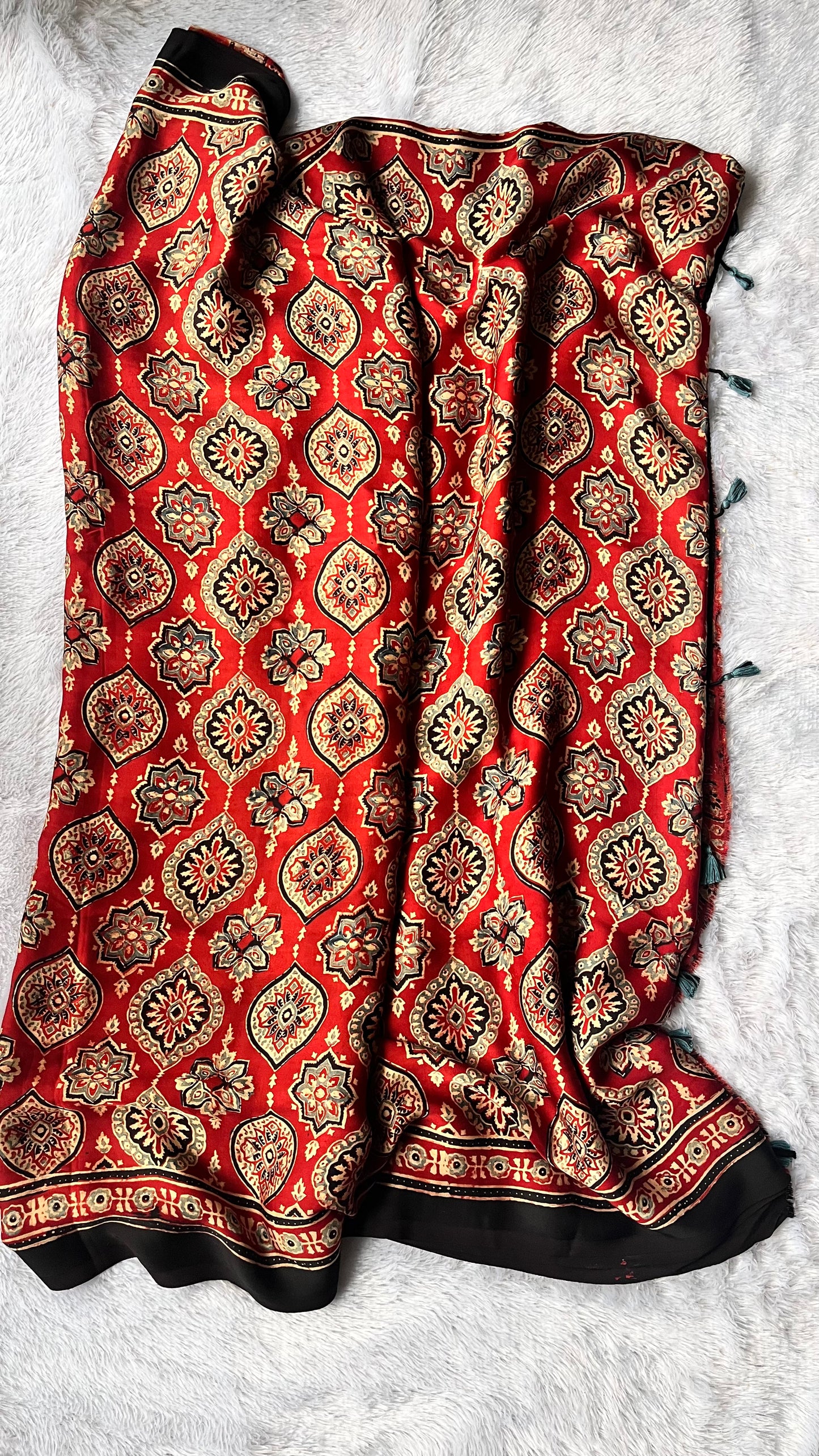 Red Badaam Buta Motif Ajrakh Hand Block Natural Dye Modal Silk Saree With Blouse