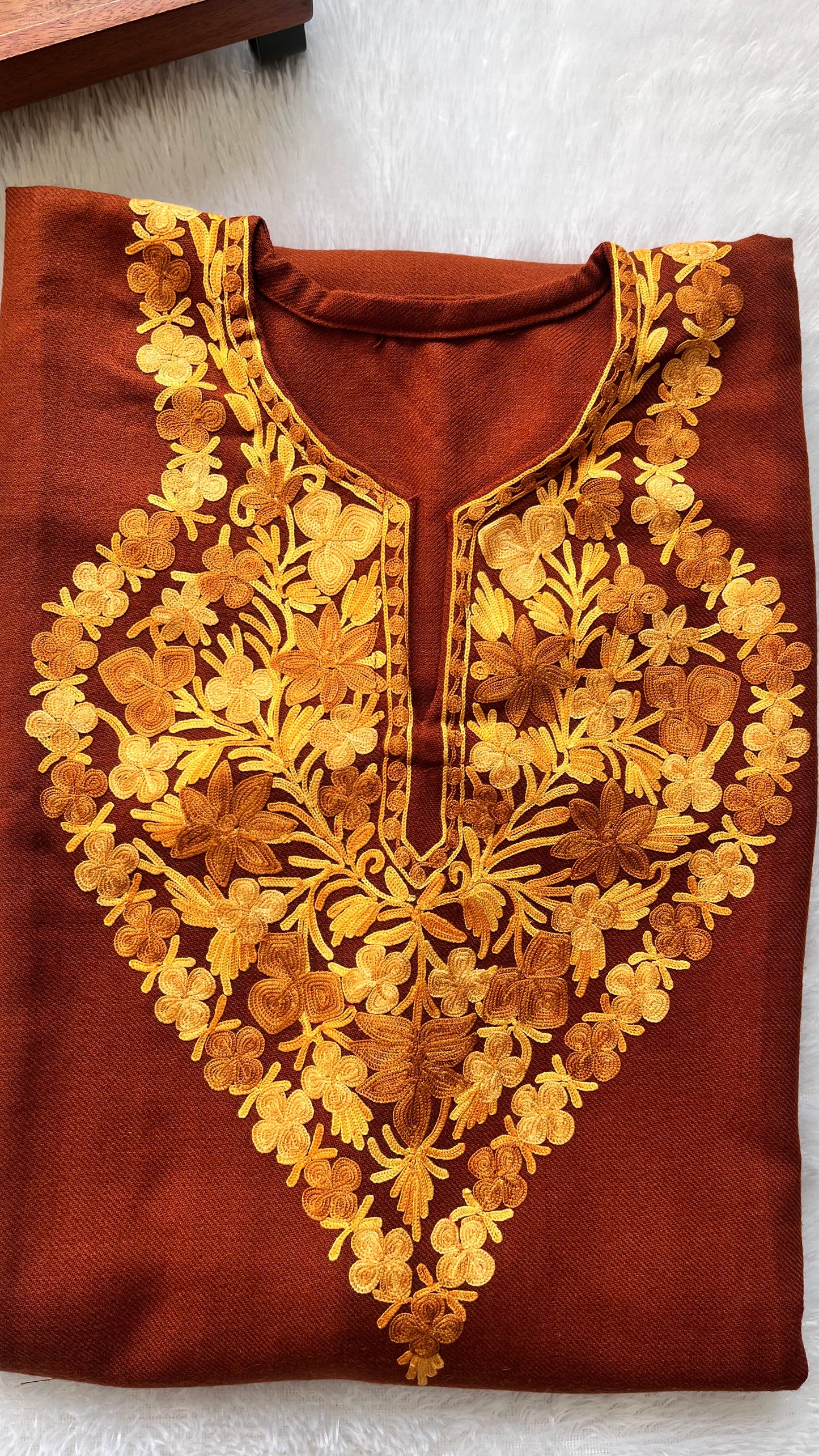 Tan Brown Shade with Floral Kashmiri Aari Work Full Embroidered Pheran with Pocket