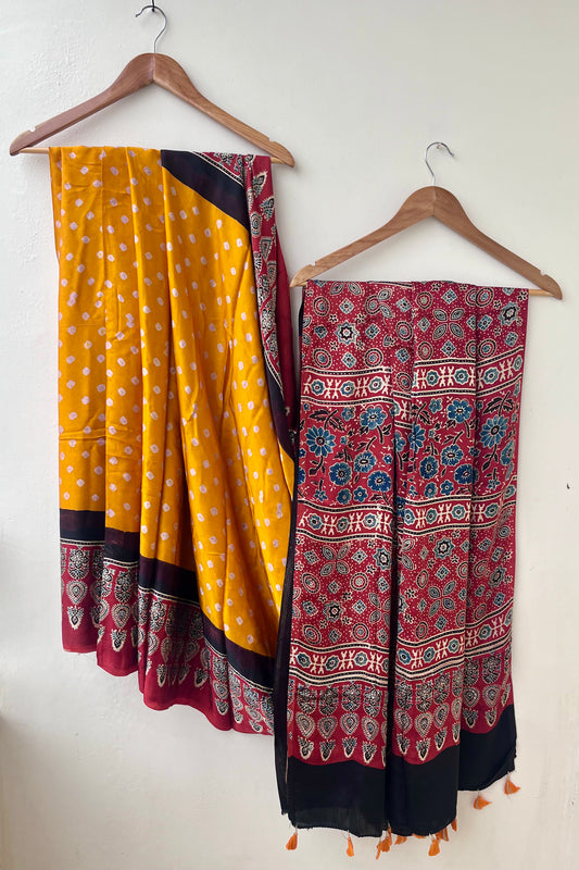 Mango Yellow Ajrakh Bandhej Hand Block Modal Silk Saree With Blouse and Tassels