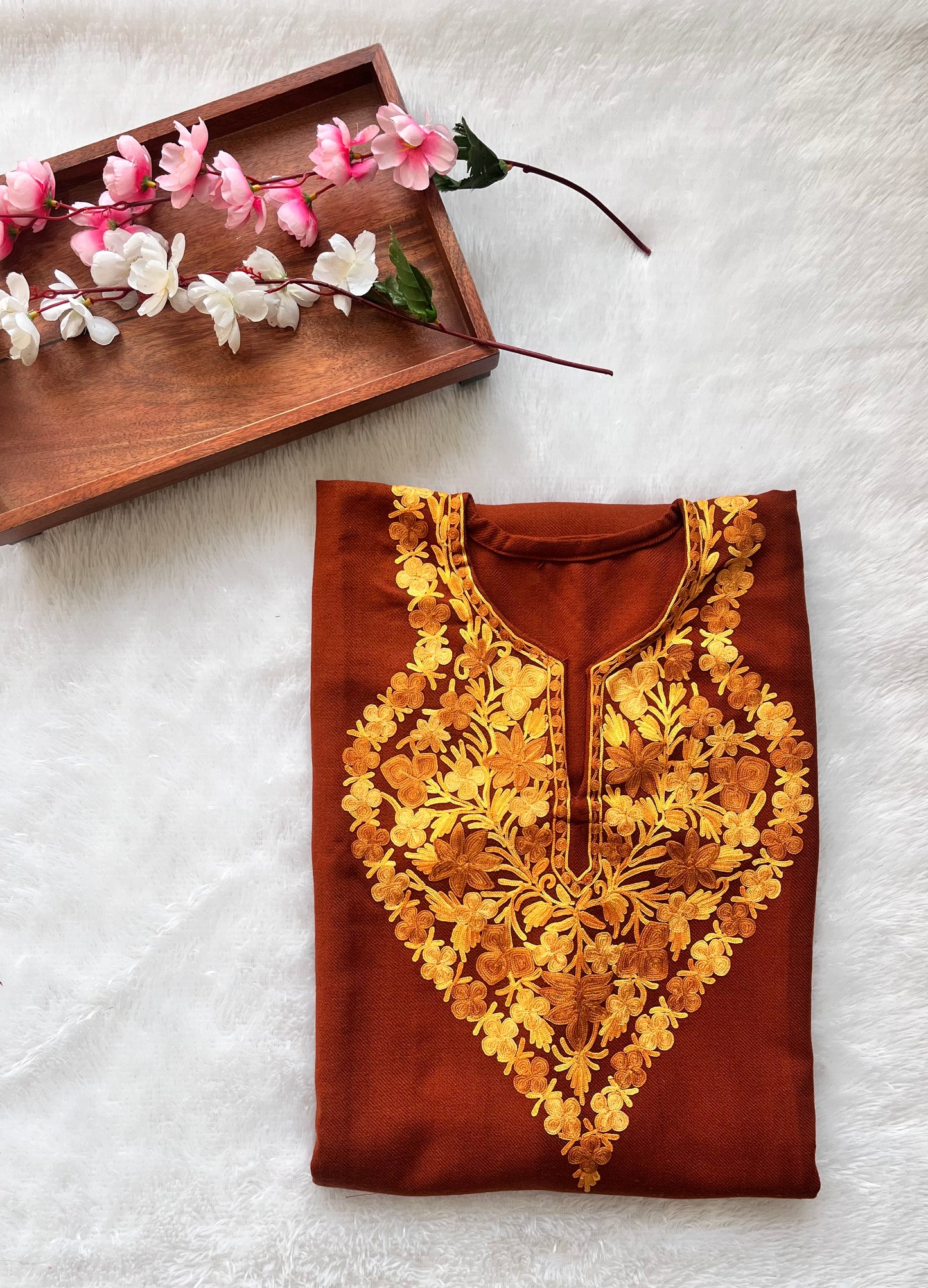 Tan Brown Shade with Floral Kashmiri Aari Work Full Embroidered Pheran with Pocket