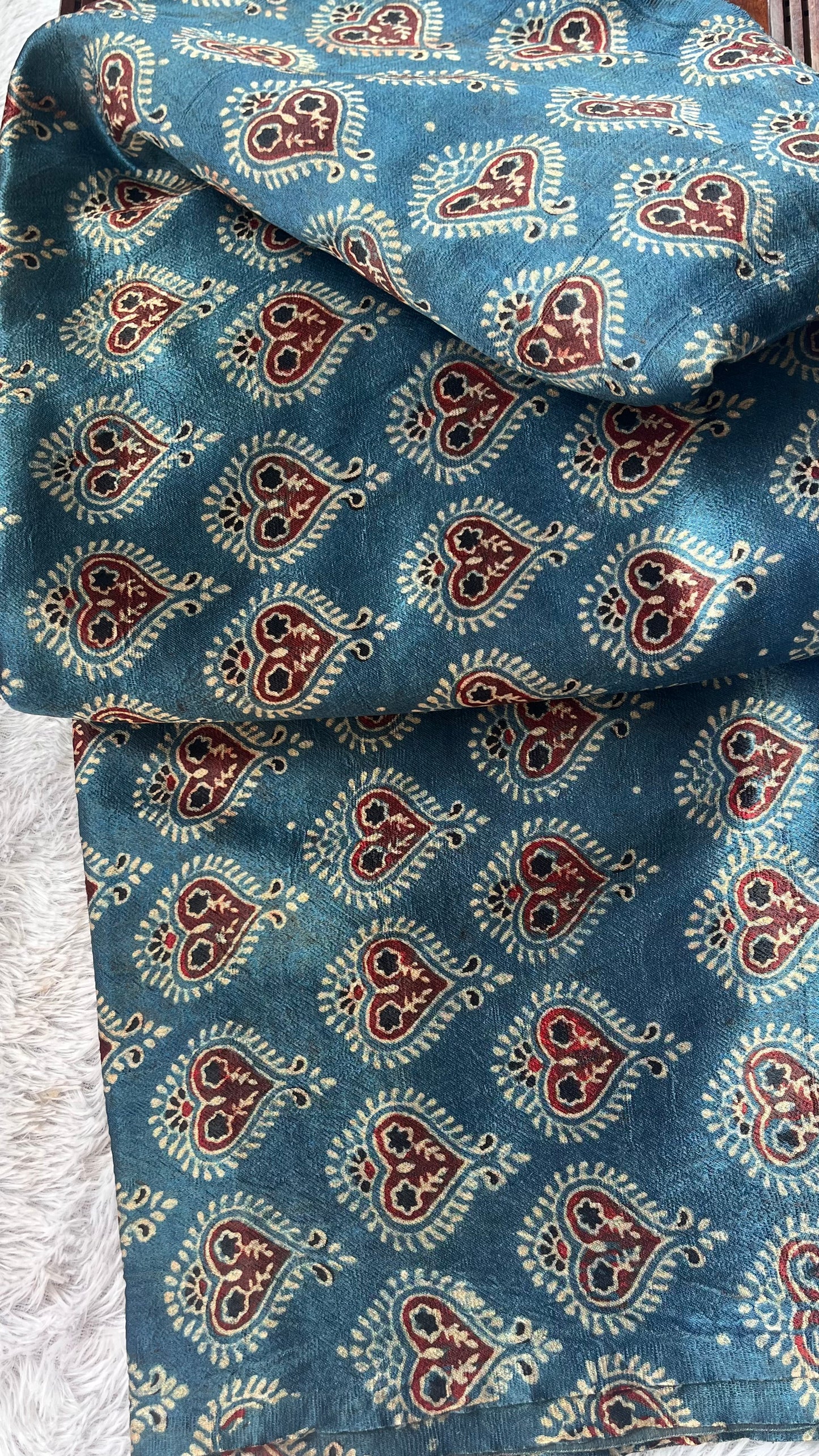 Blue Pan Motif Ajrakh Mashru Silk fabric