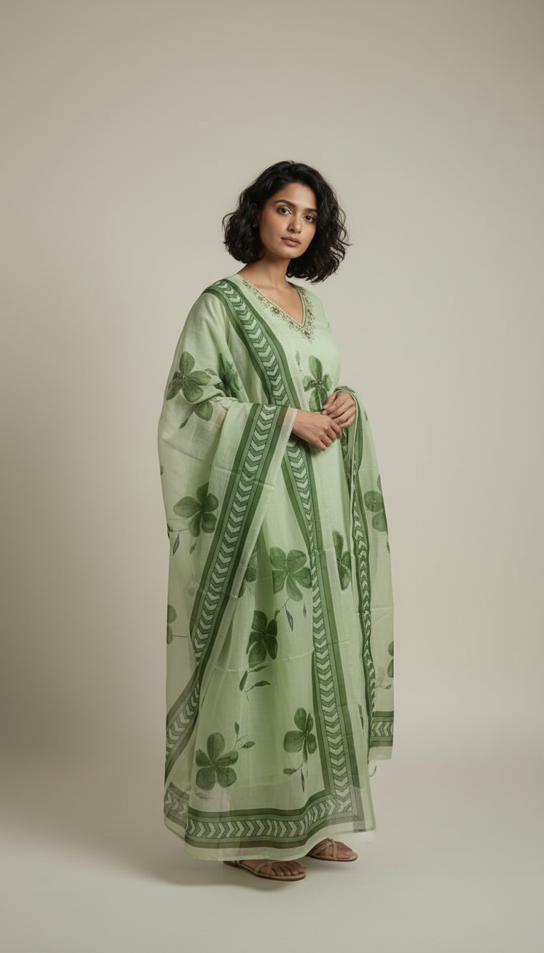 Green Floral Motif Pure Cotton Suit Set with Cotton Dupatta