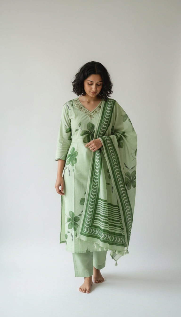 Green Floral Motif Pure Cotton Suit Set with Cotton Dupatta