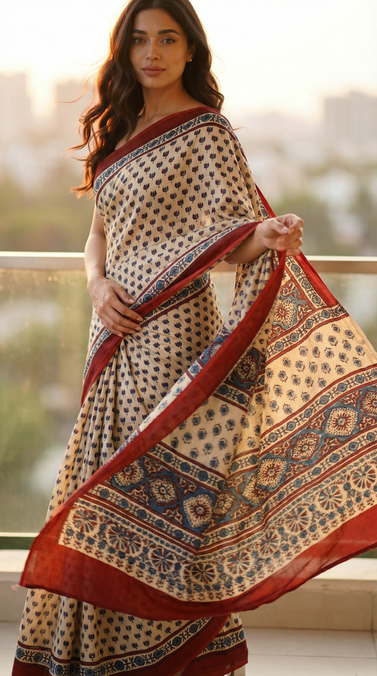 Off White and Red Kamal Booti Ajrakh Hand Block Natural Dye Modal Silk Saree With Blouse