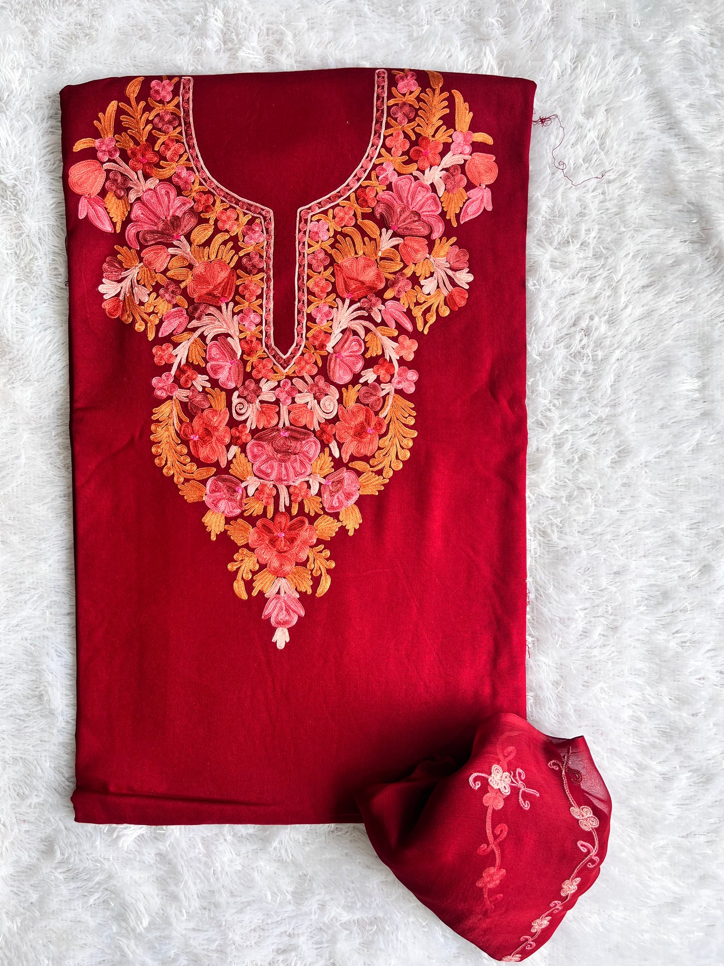 Deep Maroon Muslin Cotton Kashmiri Aari Embroidered 3pc Suit Set