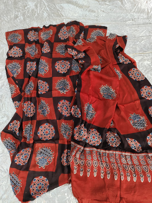 Red and Black Chopaad Motif Modal Silk Hand Block Print 2pc Suit Material Set with Modal Silk Dupatta