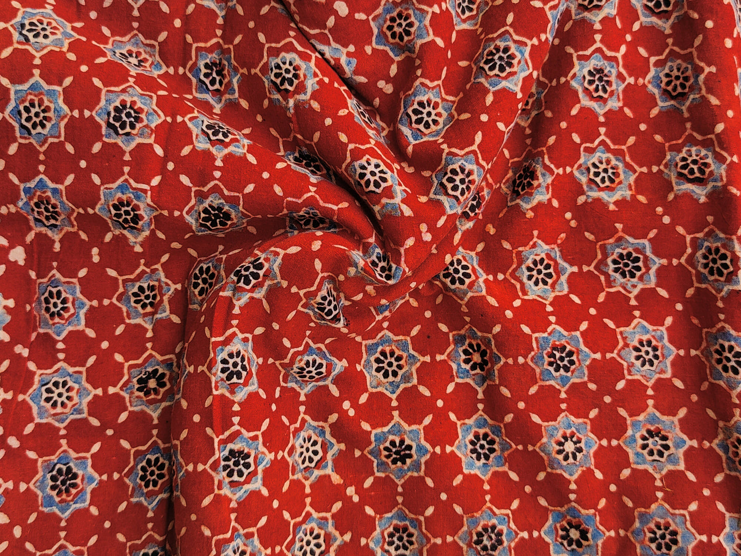 Red Small Booti Motif Ajrakh Hand Block Printed Cotton Blouse Fabric