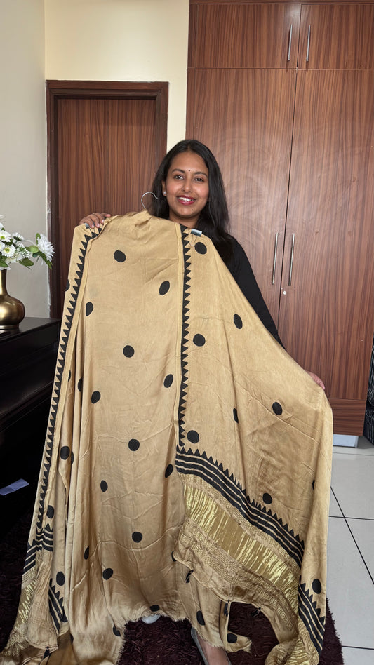 Toffee Brown Polka Motif Pure Modal Silk 2pc Suit Set with Lagdi Patti Dupatta