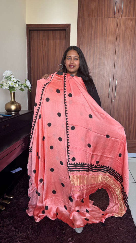 Peachish Orange Polka Motif Pure Modal Silk 2pc Suit Set with Lagdi Patti Dupatta