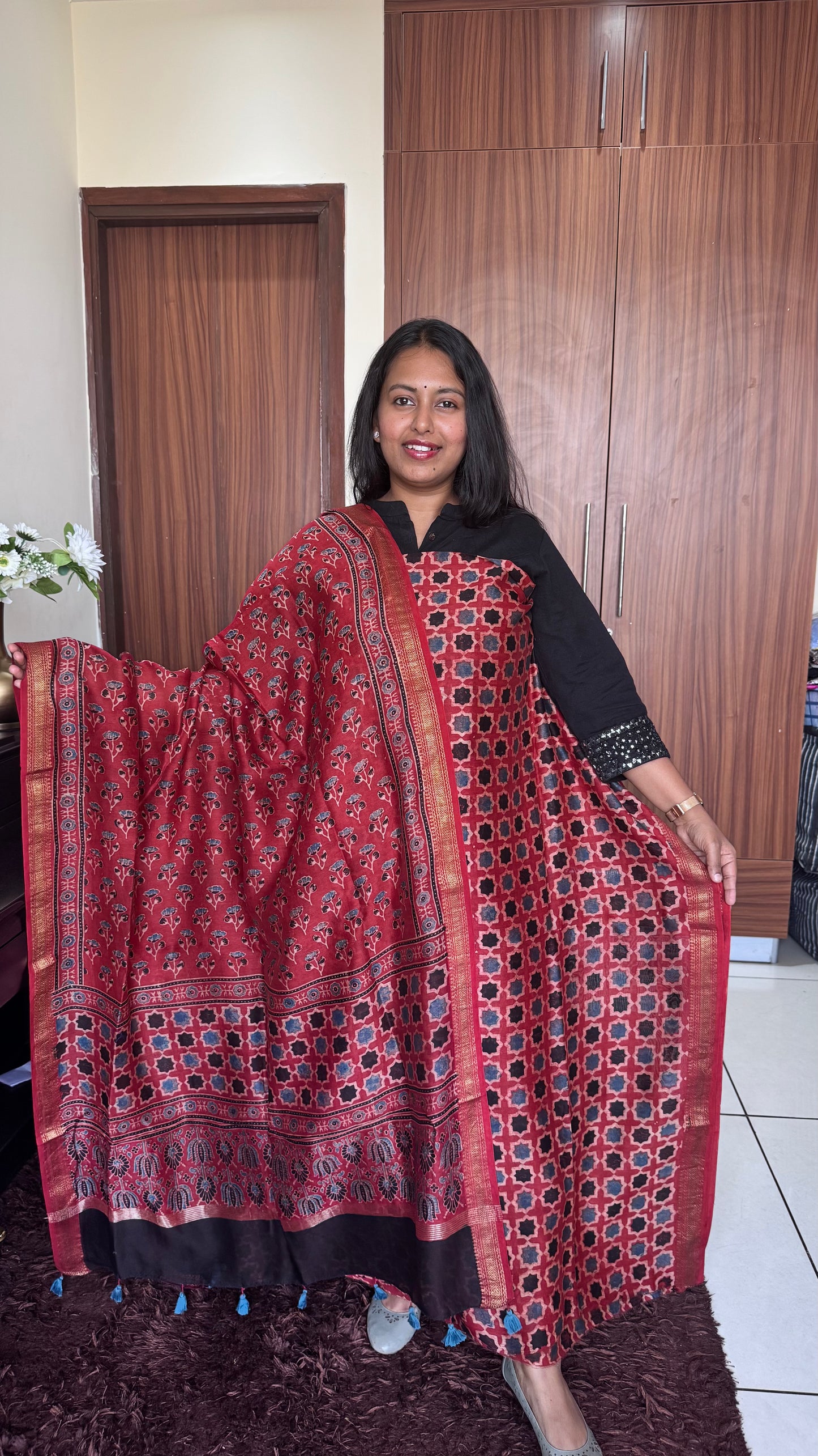 Brick Red Honey Comb Flower Motif Ajrakh Hand Block Maheshwari Silk Cotton 2 Piece Set
