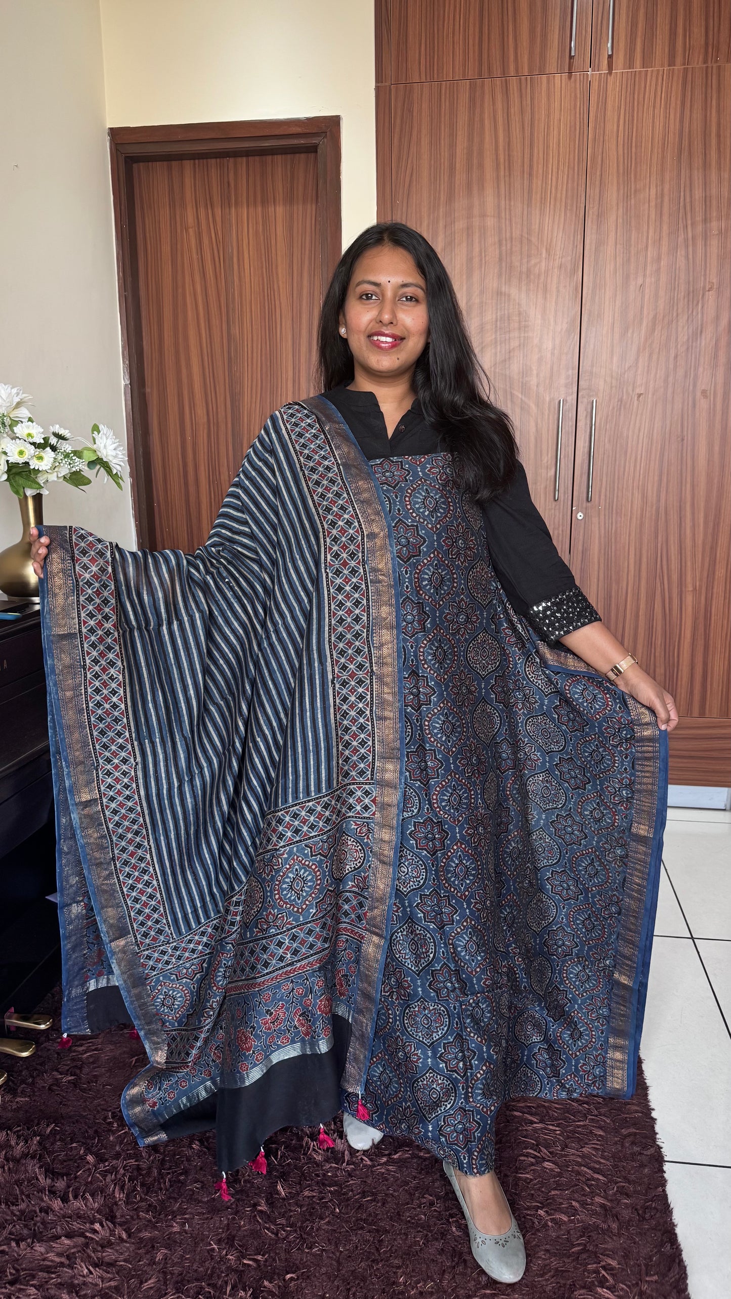 Navy Blue Badam Buta Dhaari Ajrakh Hand Block Maheshwari Silk Cotton 2 Piece Set