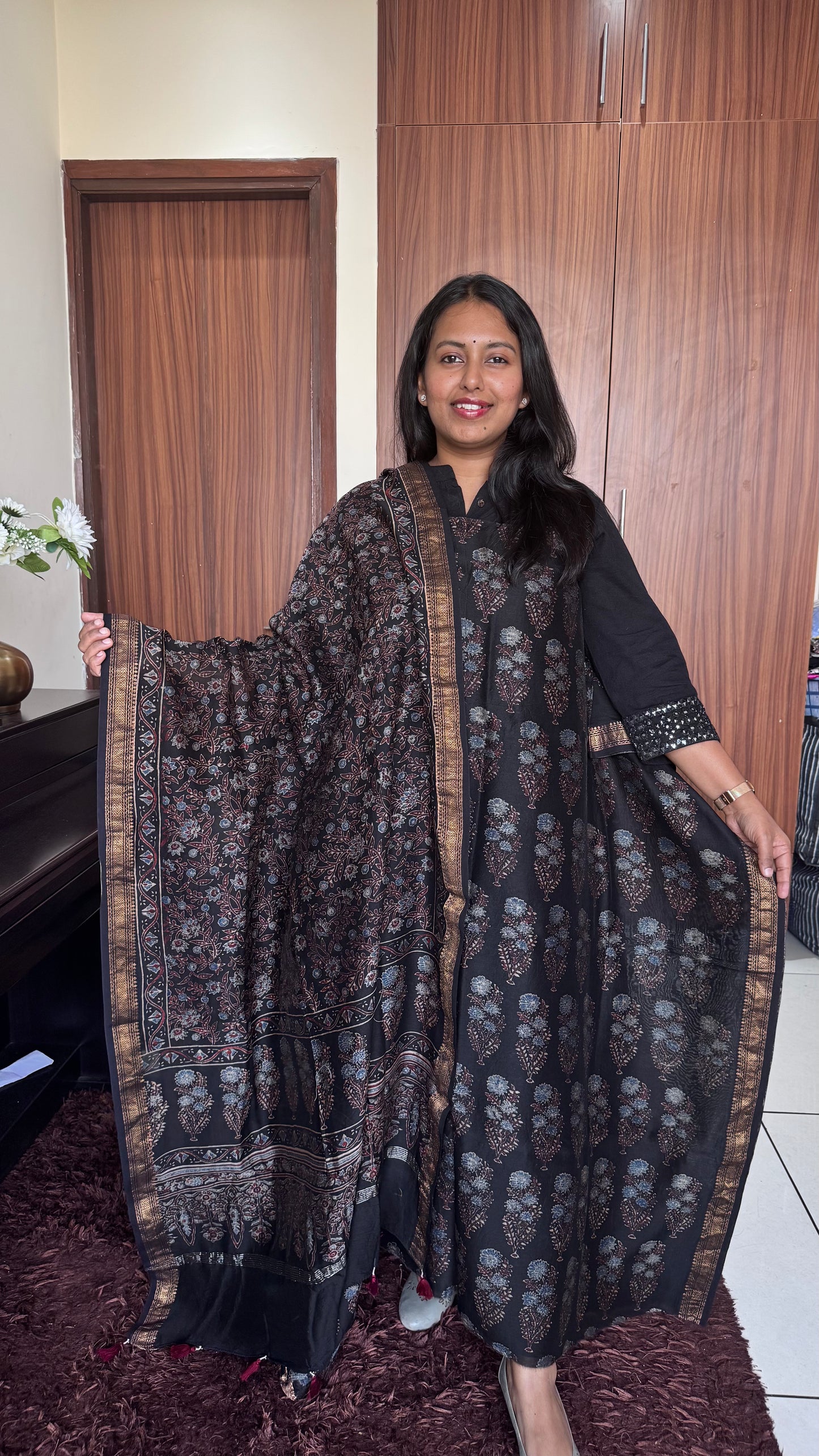 Black Flower Jaal Motif Ajrakh Hand Block Maheshwari Silk Cotton 2 Piece Set