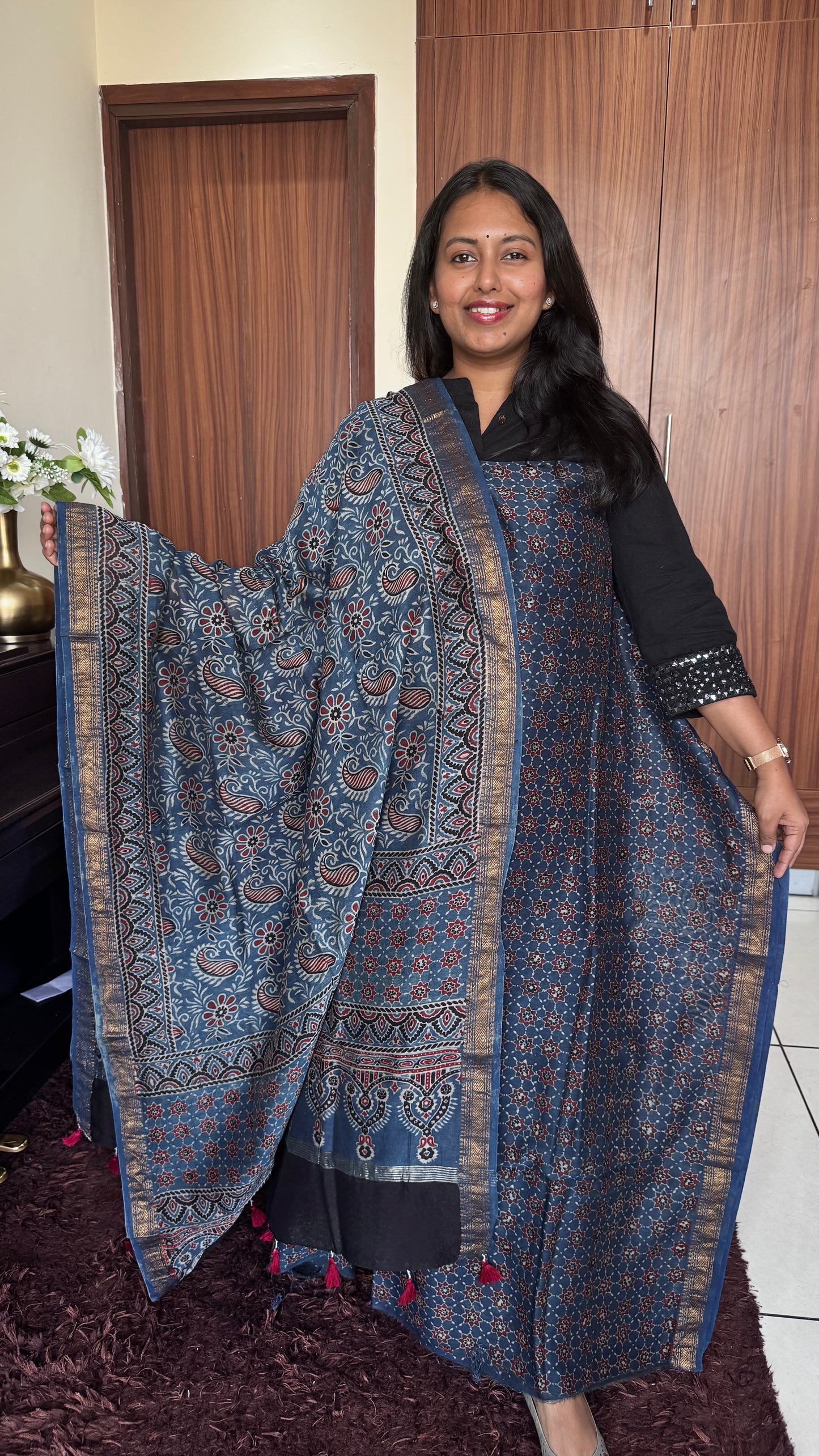 Navy Blue Flower Paisley Motif Ajrakh Hand Block Maheshwari Silk Cotton 2 Piece Set