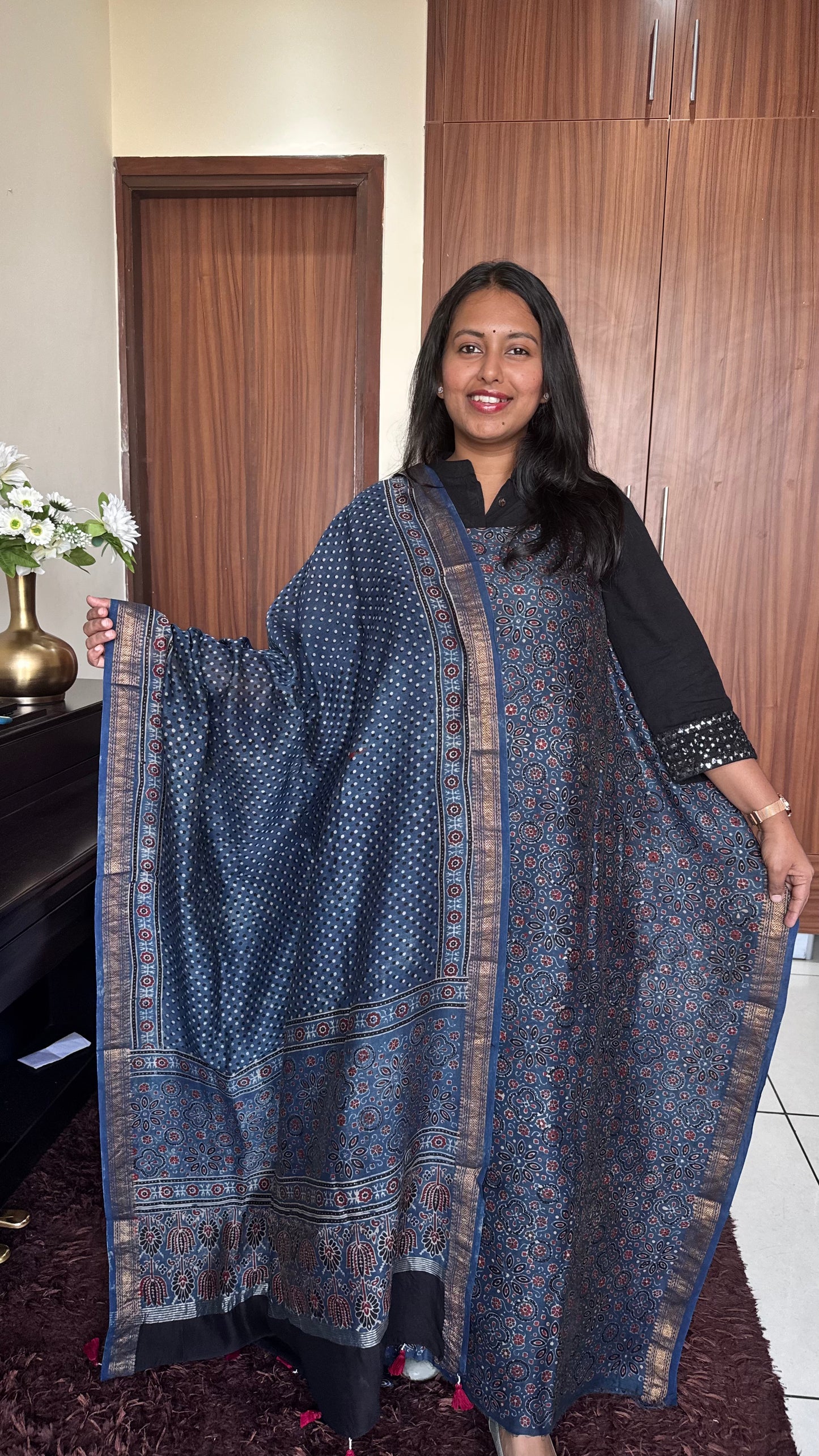 Navy Blue Polka Dot Flower Motif Ajrakh Hand Block Maheshwari Silk Cotton 2 Piece Set