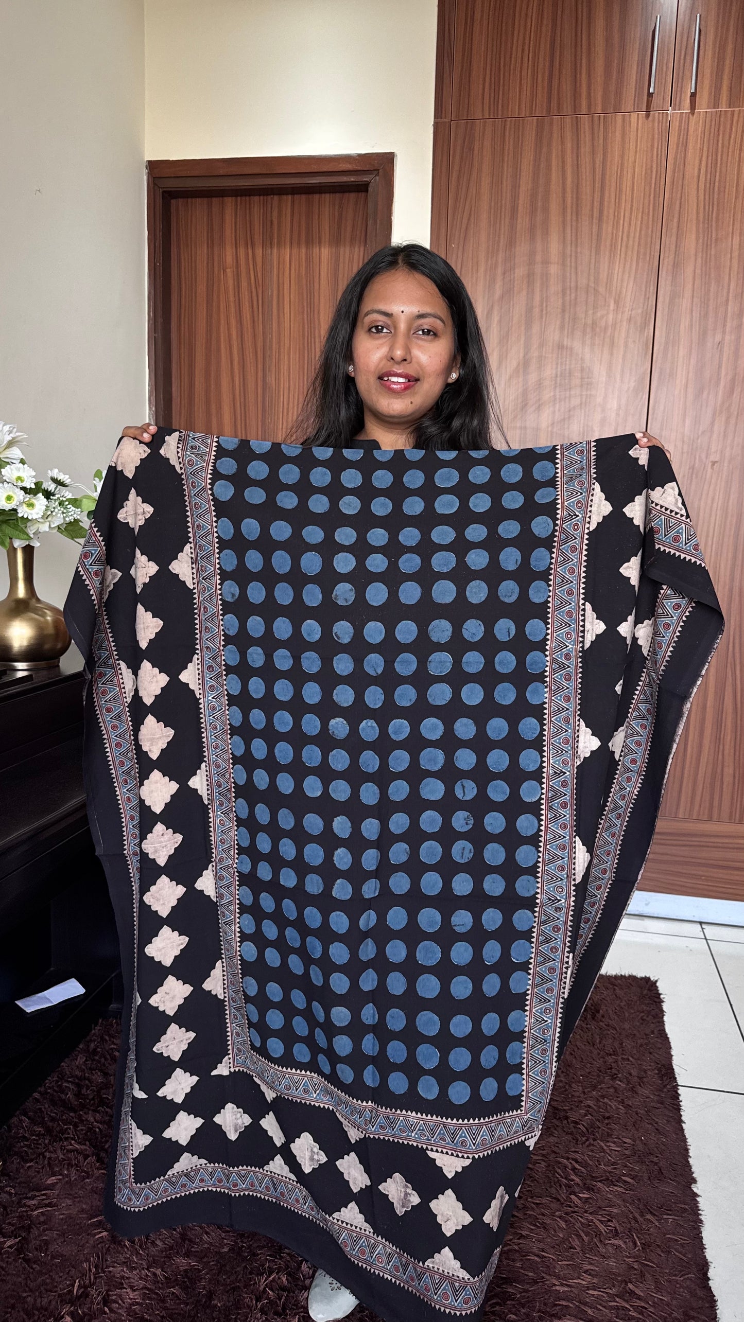 Blue Polka Dot Ajrakh HandBlock Unstitched Pure Cotton Fabric (Kurta Only)