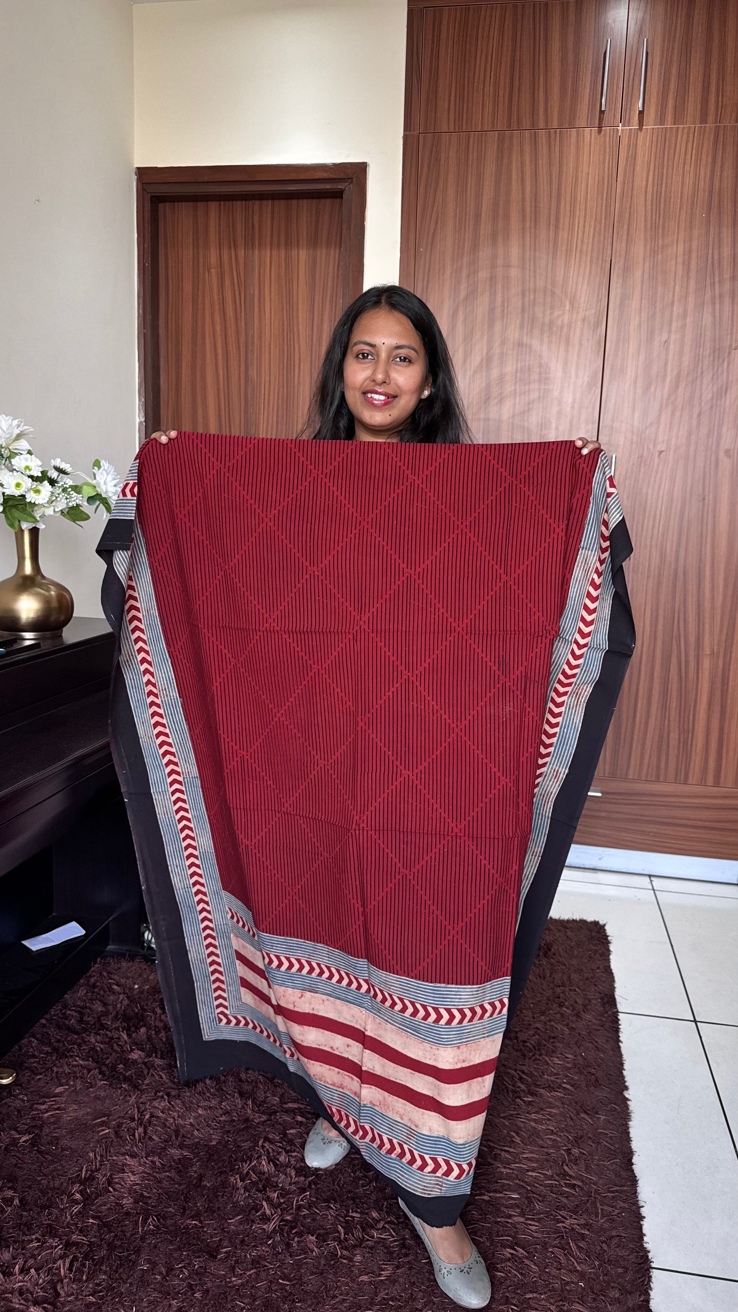 Red Shade Strip Motif Ajrakh HandBlock Unstitched Pure Cotton Fabric (Kurta Only)