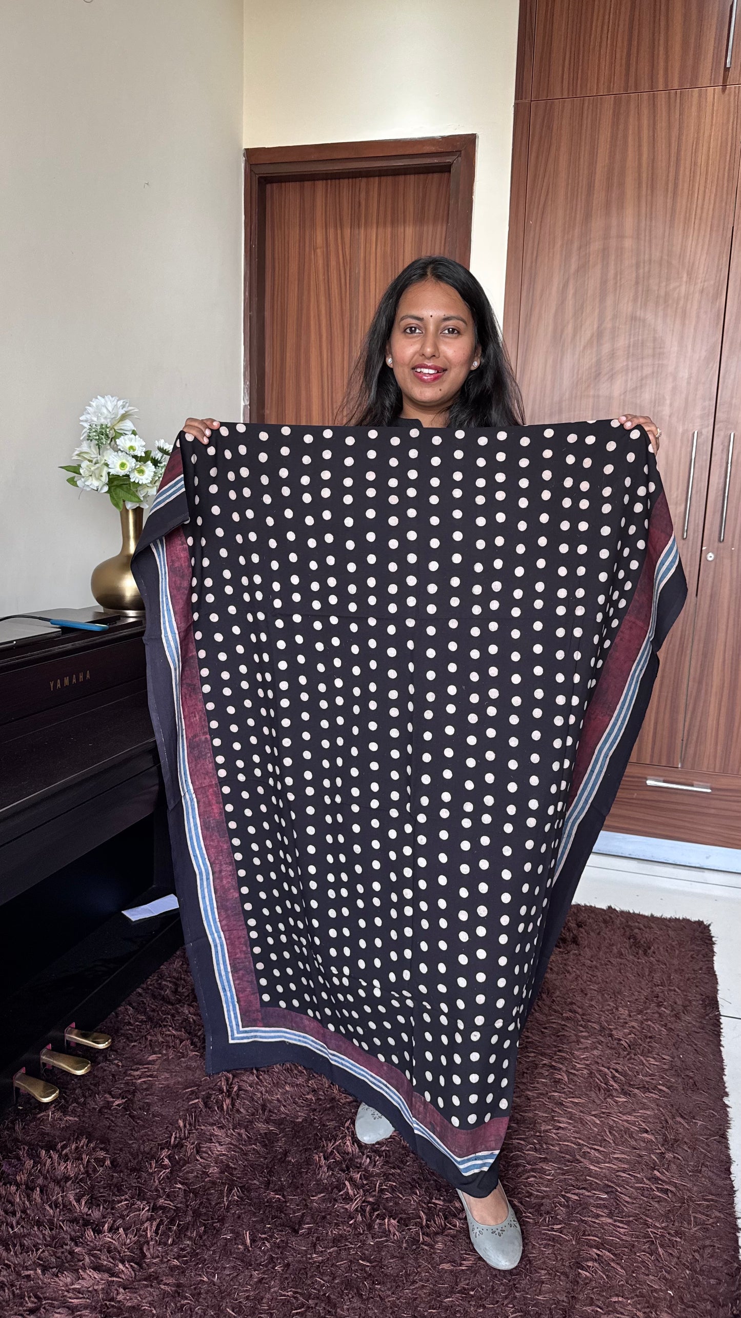 Black Shade Polka Dot Ajrakh HandBlock Unstitched Pure Cotton Fabric (Kurta Only)