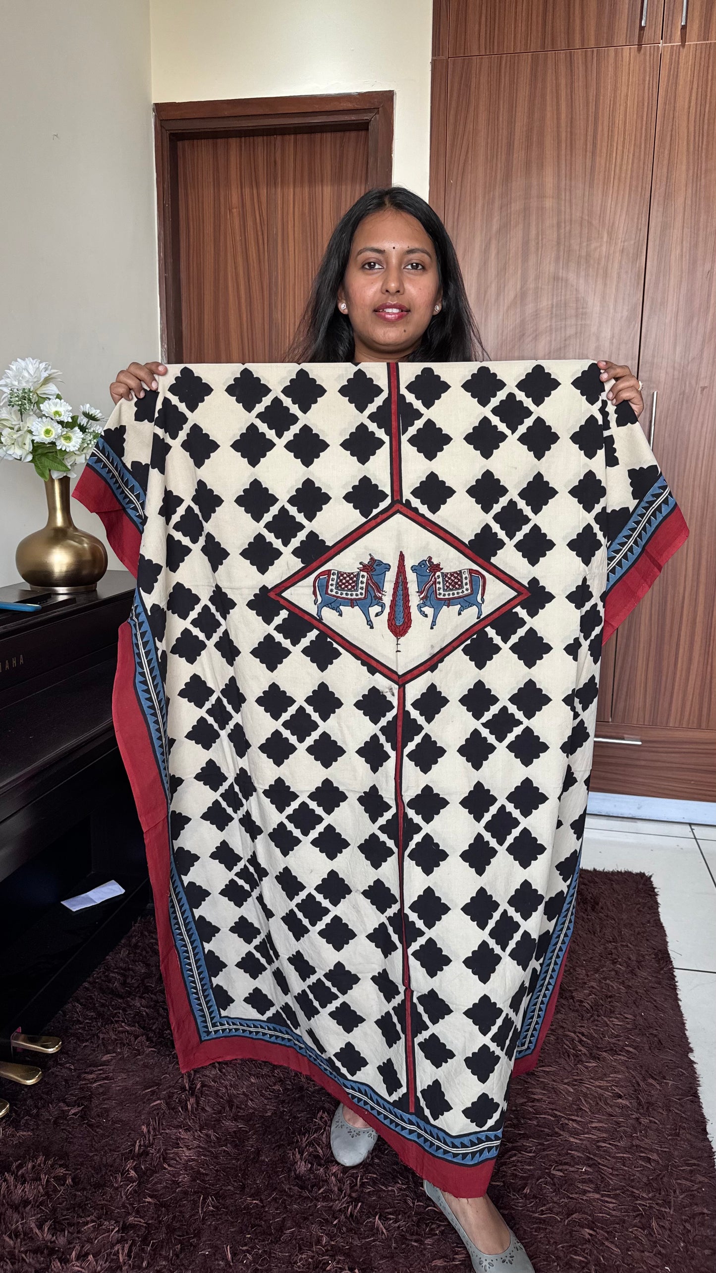 OffWhite Kamdhenu Jharokha Motif Ajrakh HandBlock Unstitched Pure Cotton Fabric (Kurta Only)