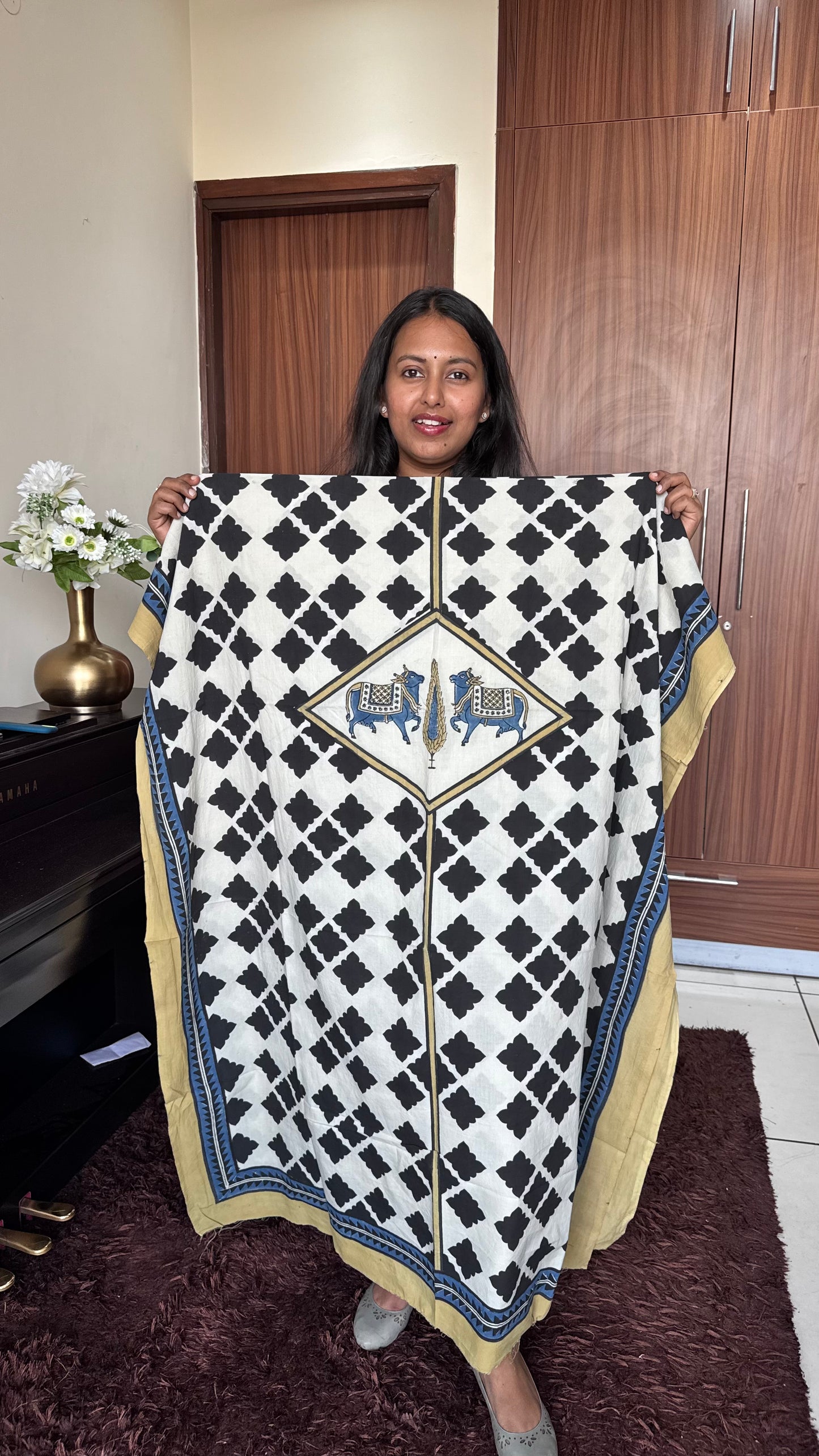 OffWhite Shade Kamdhenu Flower Motif Ajrakh HandBlock Unstitched Pure Cotton Fabric (Kurta Only)