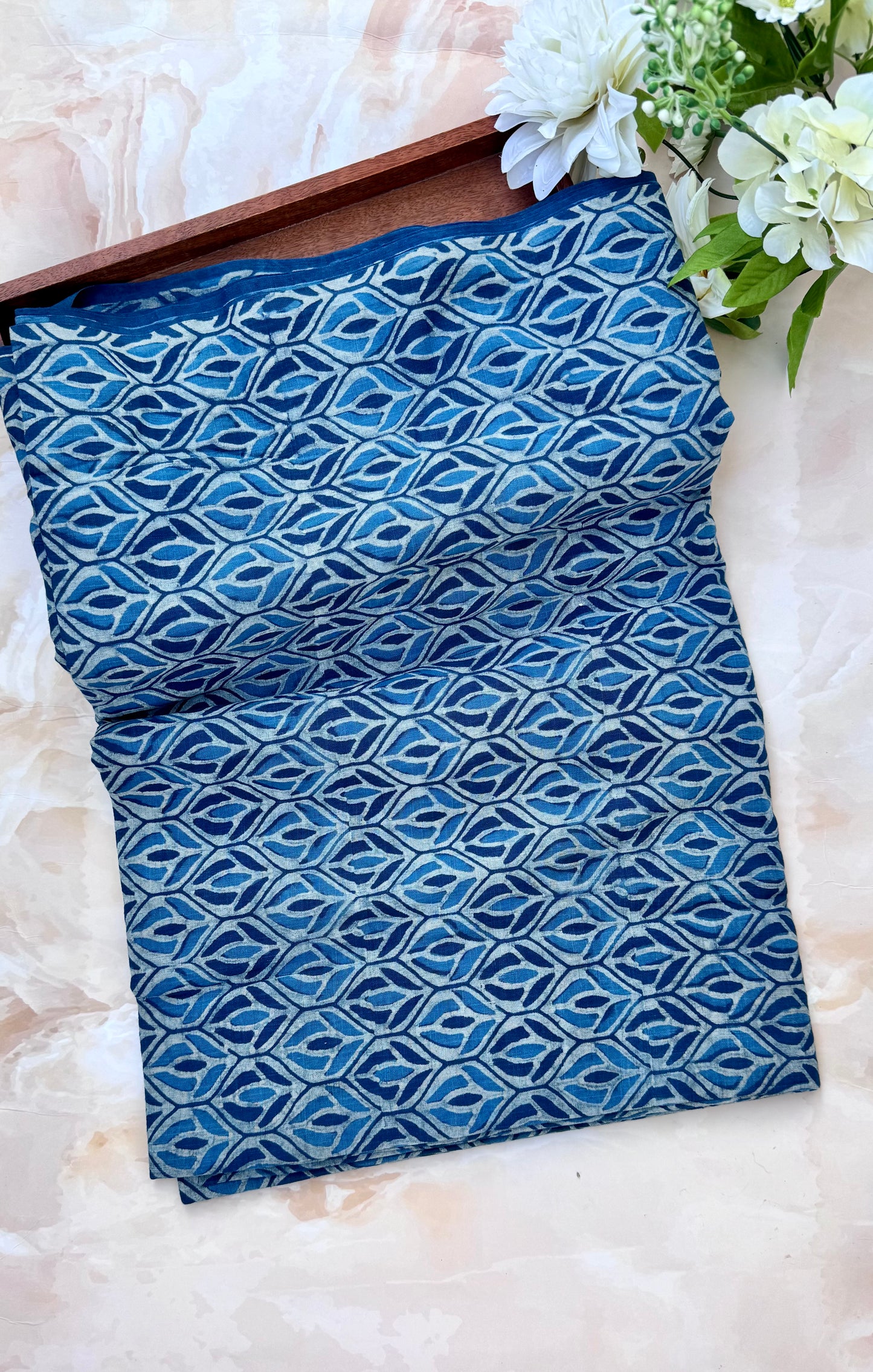 Akola Dabu Floral Jaal Motif Hand Block Print Pure Cotton Fabric-Turquoise