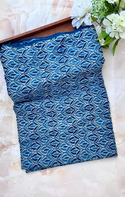 Akola Dabu Floral Jaal Motif Hand Block Print Pure Cotton Fabric-Turquoise