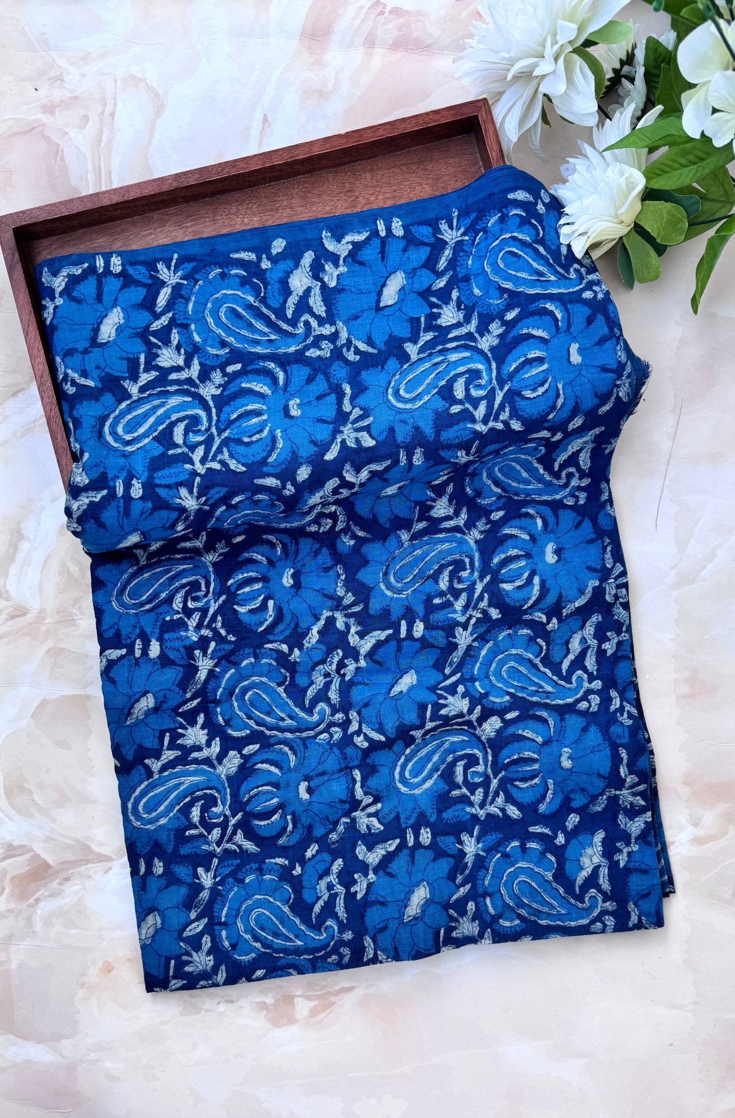 Akola Dabu Paisley Floral Motif Hand Block Print Pure Cotton Fabric-Indigo