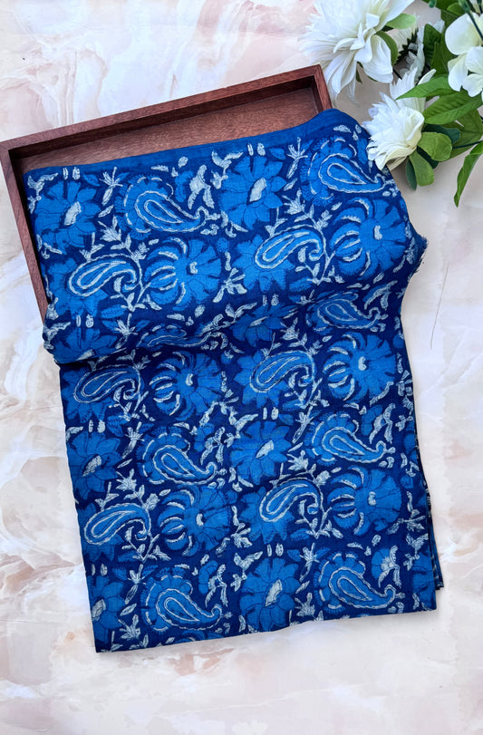 Akola Dabu Paisley Floral Motif Hand Block Print Pure Cotton Fabric-Indigo