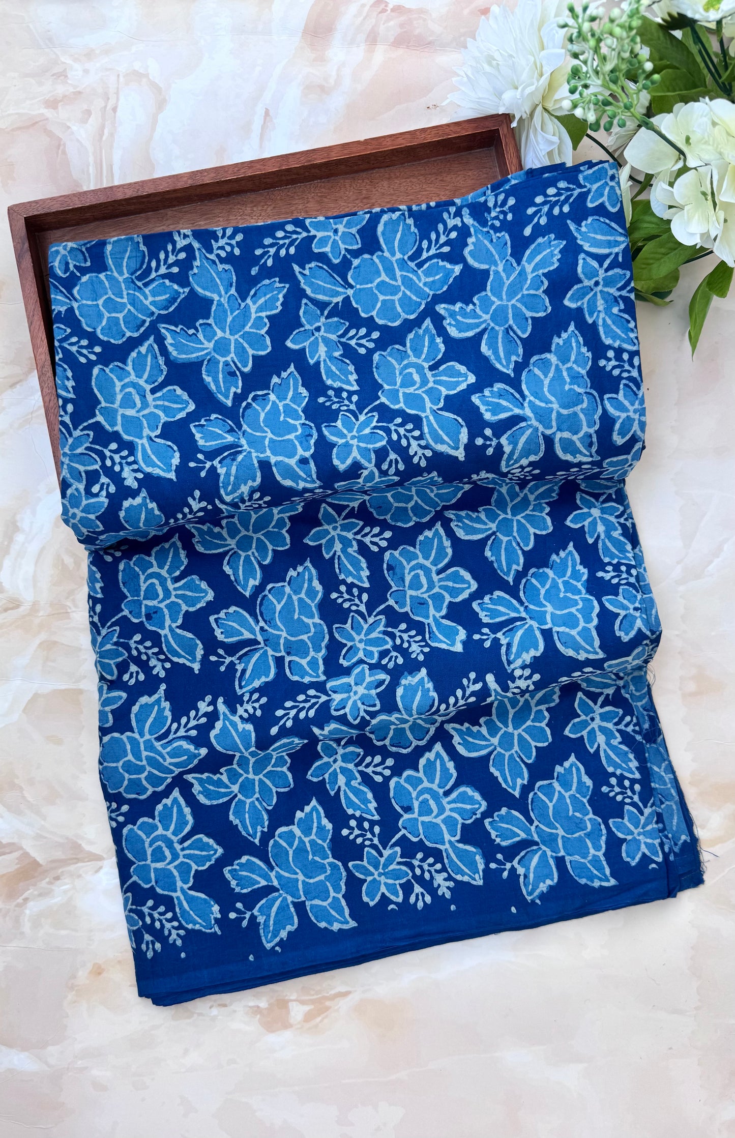 Akola Dabu Floral Motif Hand Block Print Pure Cotton Fabric-Indigo