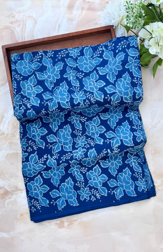 Akola Dabu Floral Motif Hand Block Print Pure Cotton Fabric-Indigo
