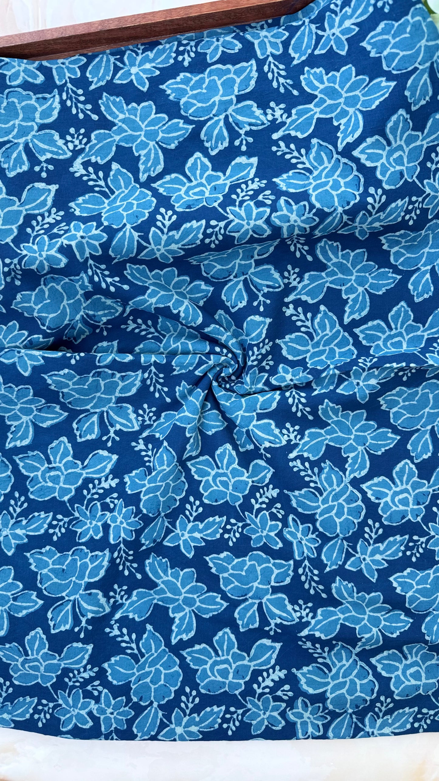 Akola Dabu Floral Motif Hand Block Print Pure Cotton Fabric-Indigo