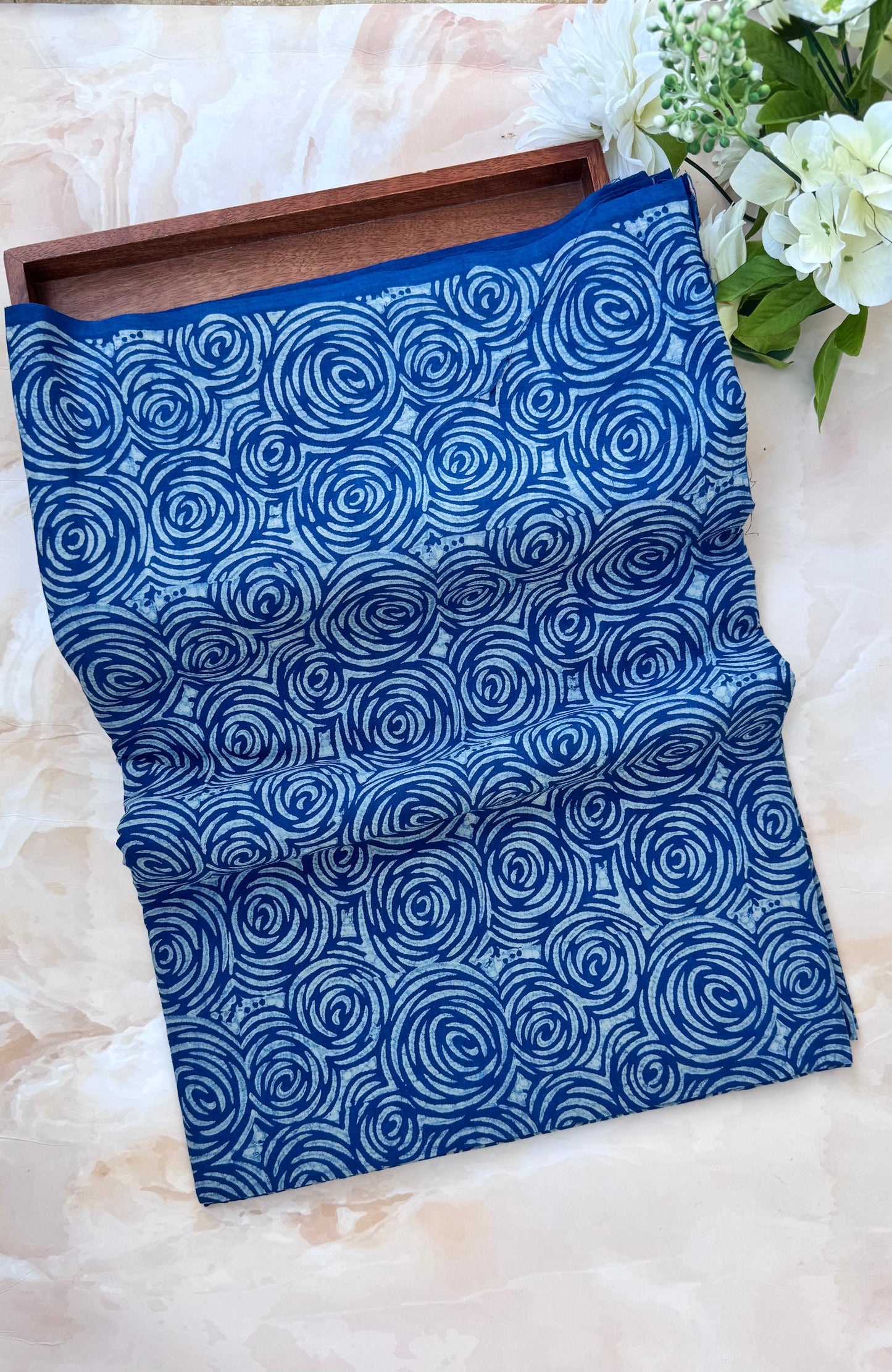 Akola Dabu Chakri Rose Motif Hand Block Print Pure Cotton Fabric-Indigo