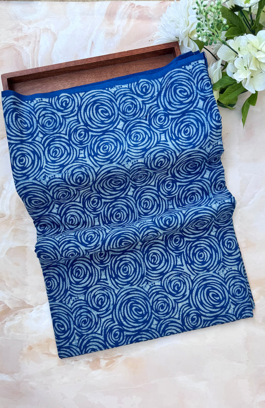 Akola Dabu Chakri Rose Motif Hand Block Print Pure Cotton Fabric-Indigo