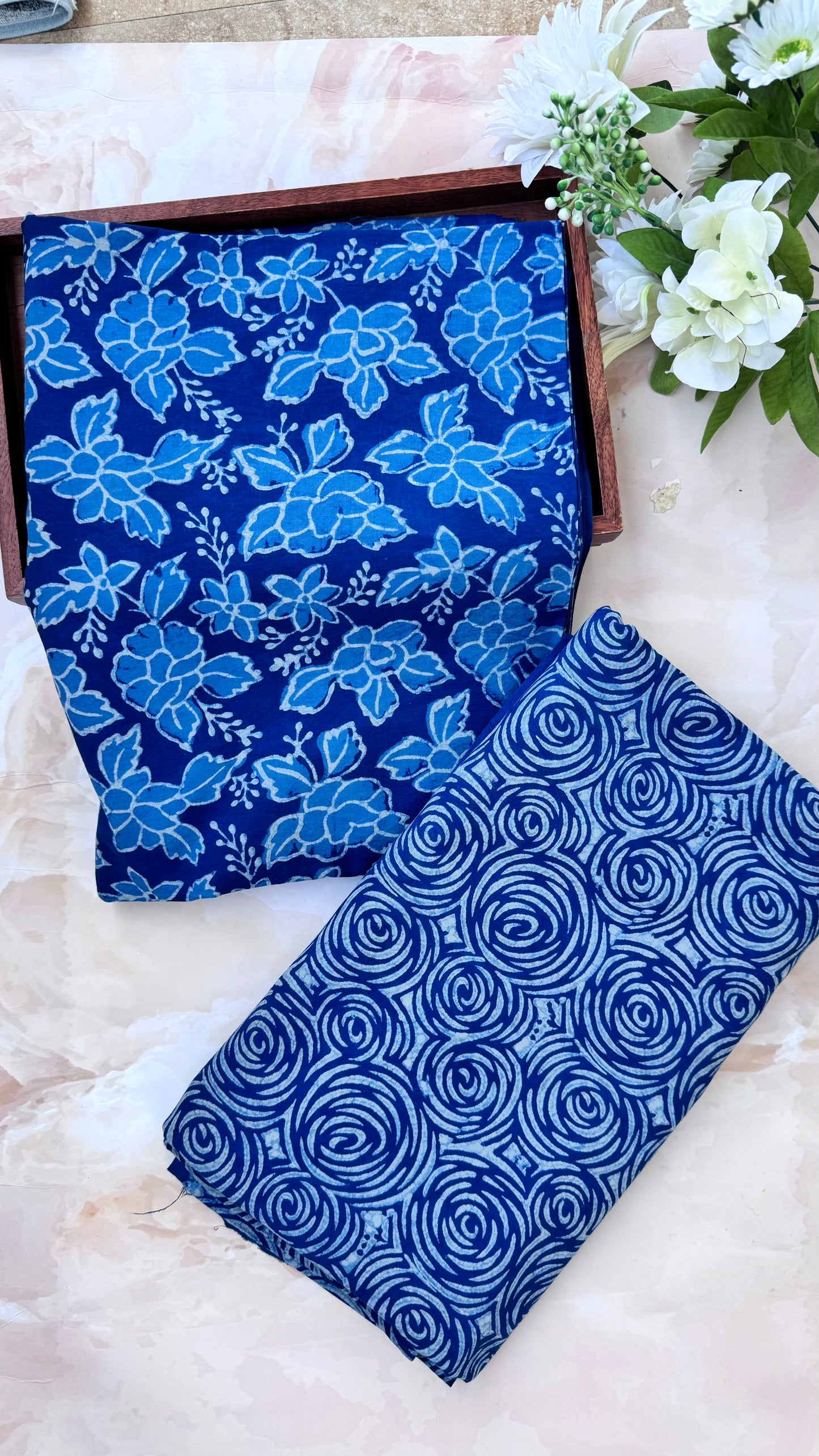 Akola Dabu Floral Chakri Motif Hand Block Pure Cotton Set-2pc-Indigo