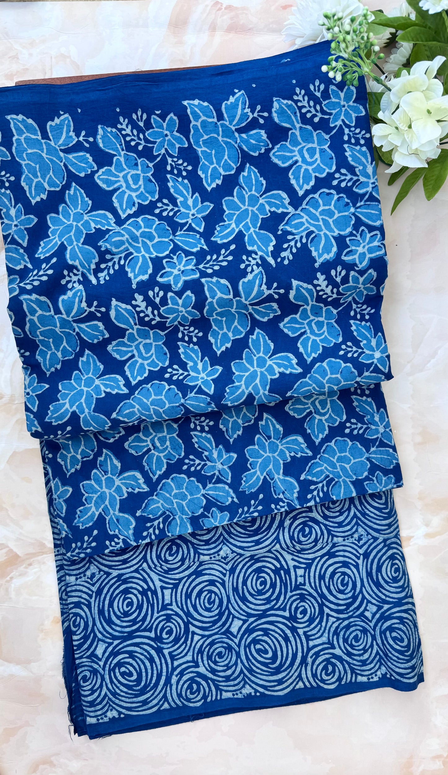 Akola Dabu Floral Chakri Motif Hand Block Pure Cotton Set-2pc-Indigo