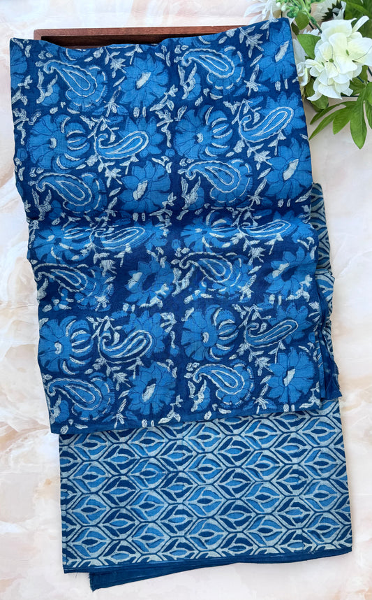 Akola Dabu Paisley Floral Motif Hand Block Pure Cotton Set-2pc-Indigo